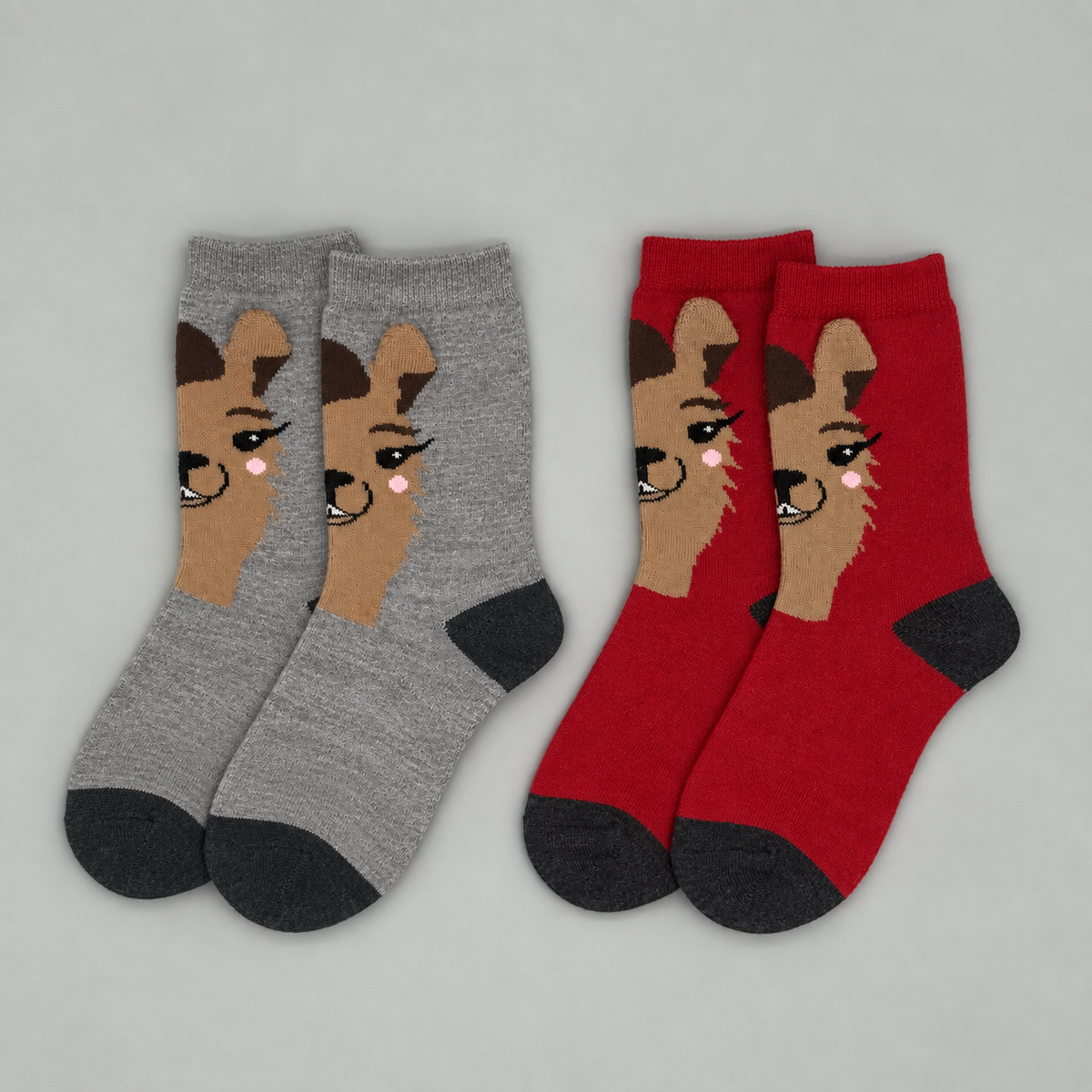 Alpaka Socken mit 3D Ohren in Grau und Rot