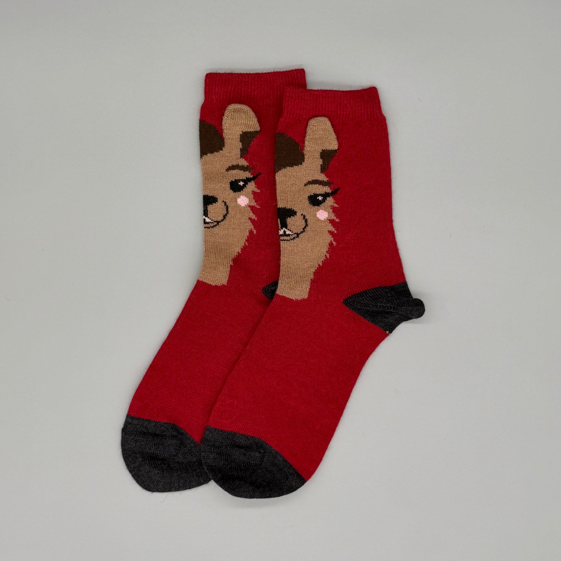 Rote Alpaka Socken mit 3D-Alpaka-Motiv