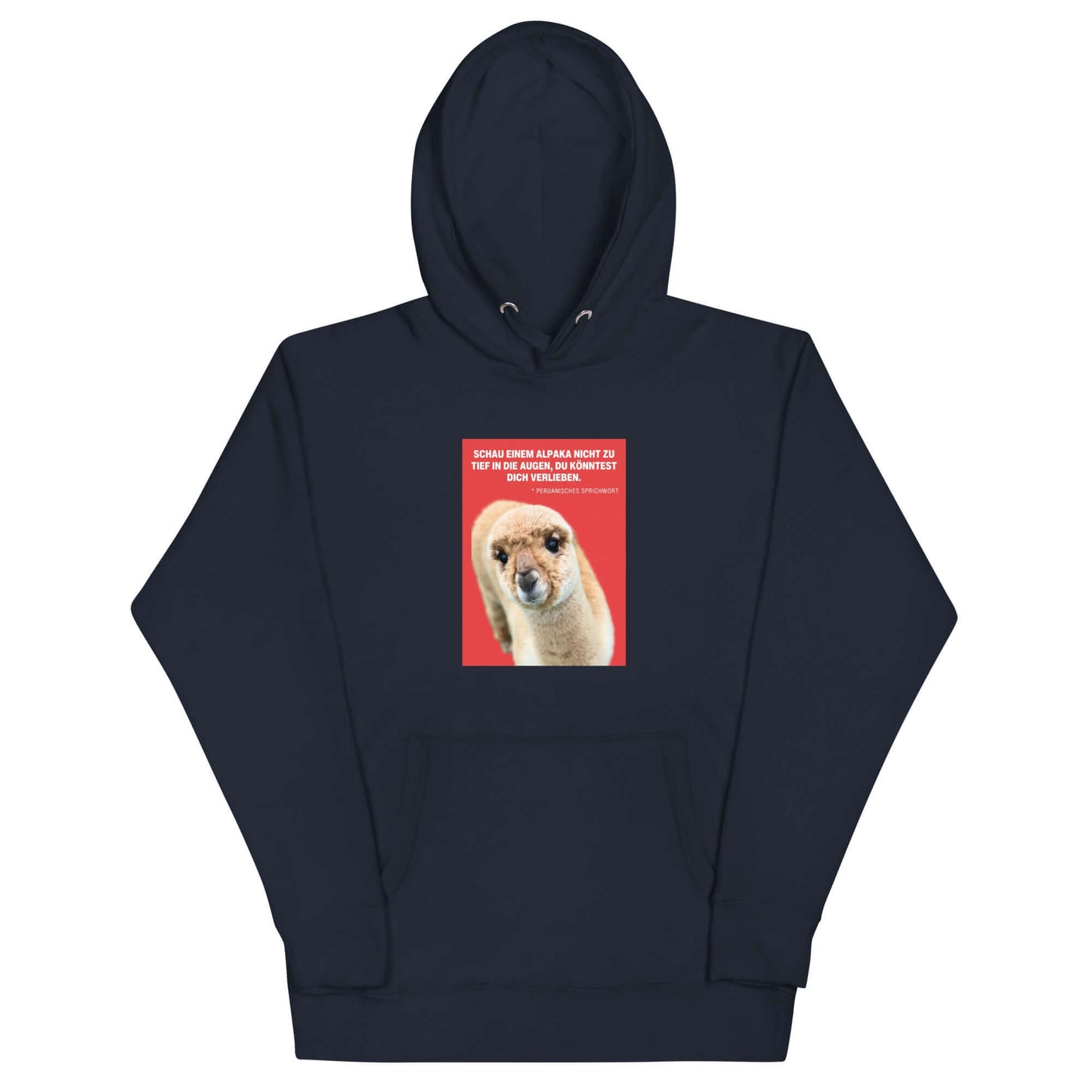 Hoodie mit Alpaka Motiv in navy mit dem Spruch „Schau einem Alpaka nie zu tief in die Augen, du könntest dich verlieben“.