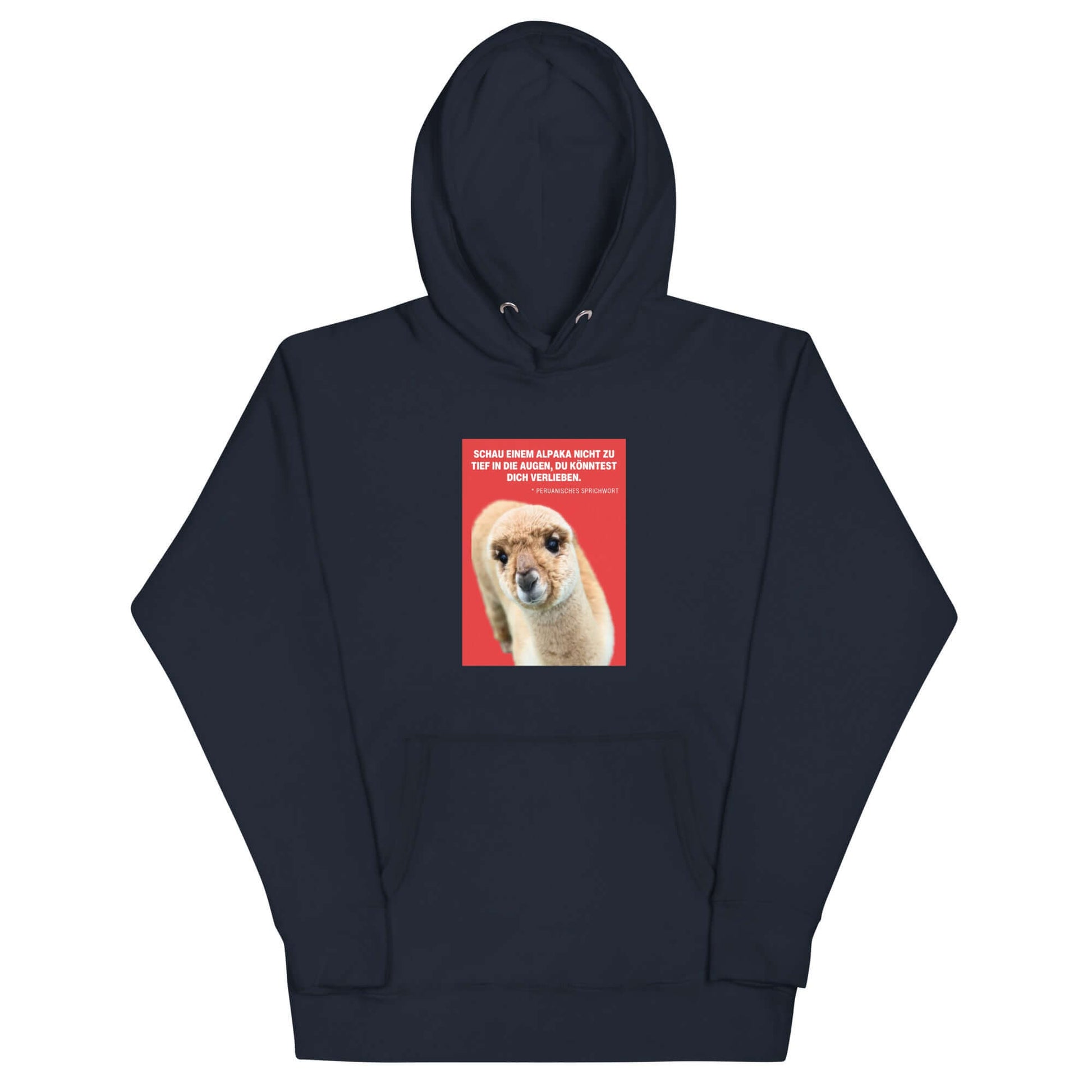 Hoodie mit Alpaka Motiv in navy mit dem Spruch „Schau einem Alpaka nie zu tief in die Augen, du könntest dich verlieben“.