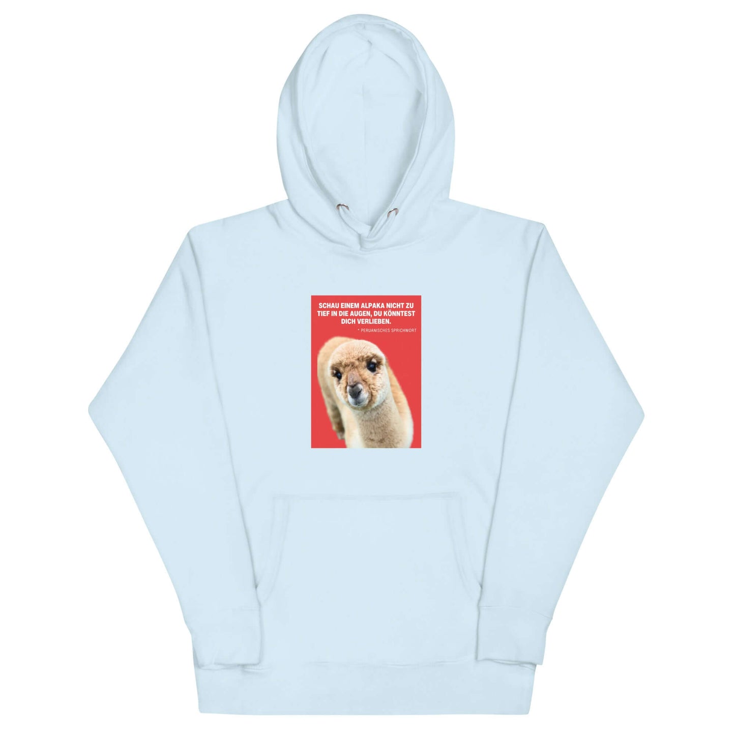 Hoodie mit Alpaka Motiv in hellblau, featuring Alpaka Greta and humorous quote about deep gazes.