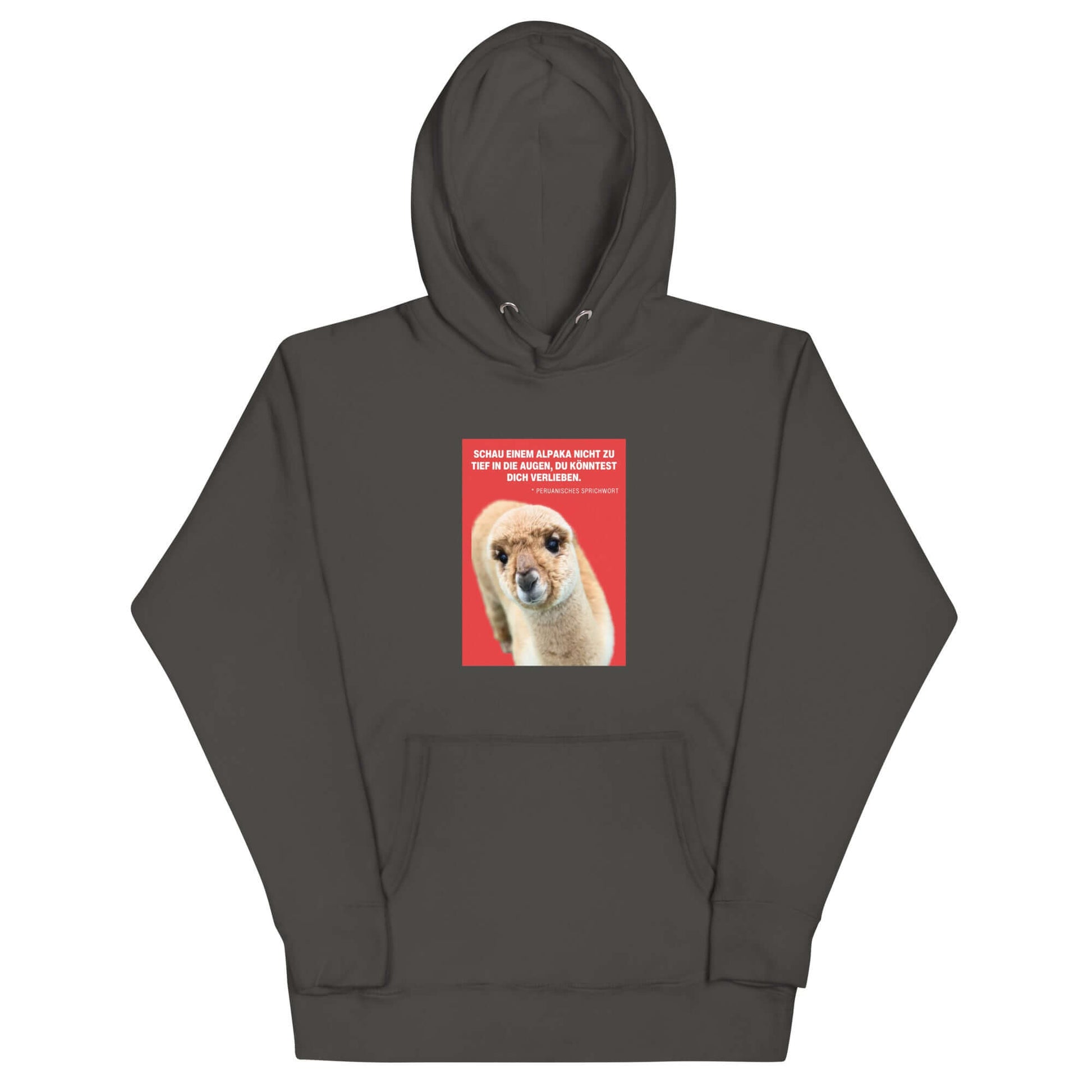 Hoodie mit Alpaka Motiv in anthrazit mit Alpaka Greta und Spruch „Schau einem Alpaka nie zu tief in die Augen“.