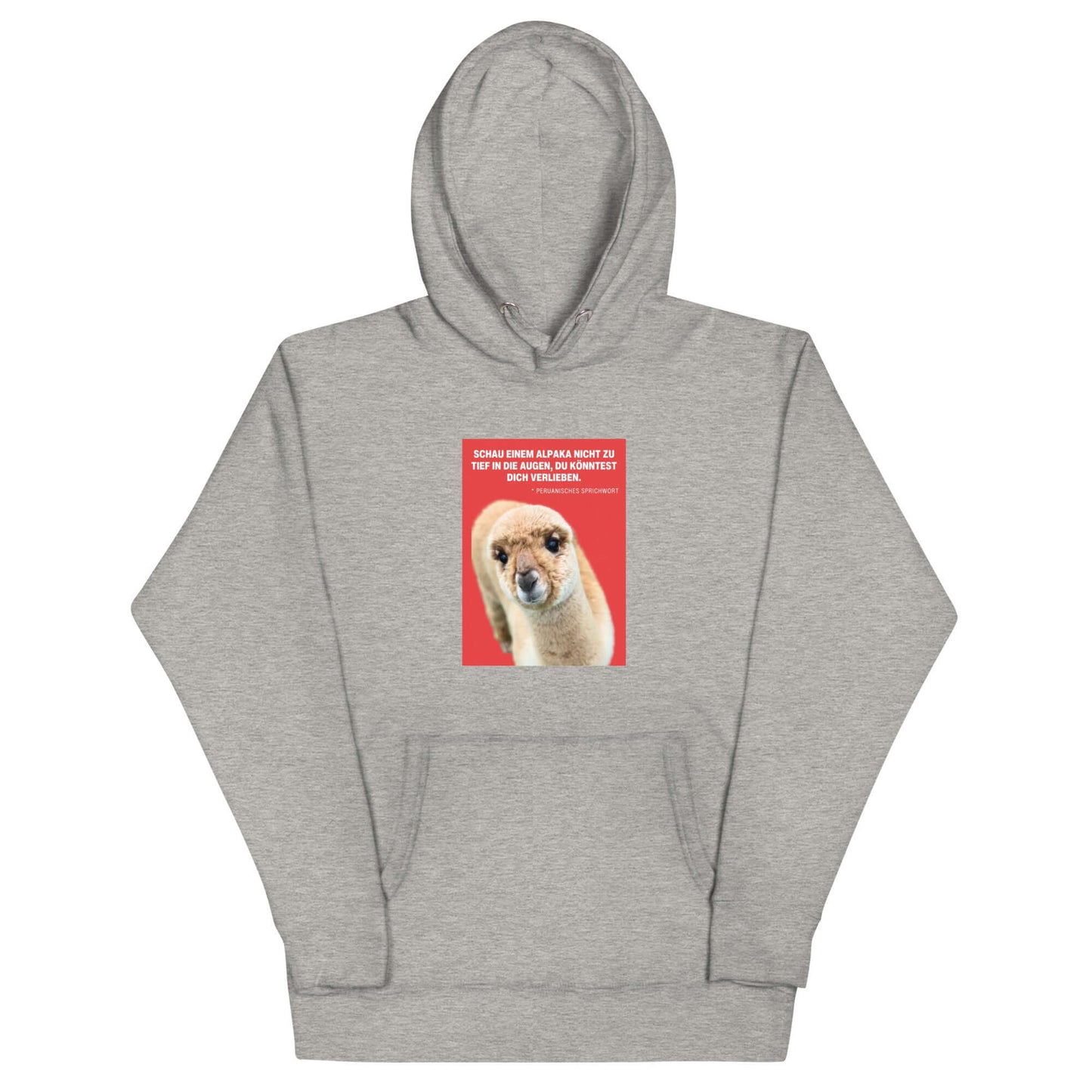 Hoodie mit Alpaka Motiv – grauer Kapuzenpullover mit Alpaka-Motiv und Spruch auf der Vorderseite.