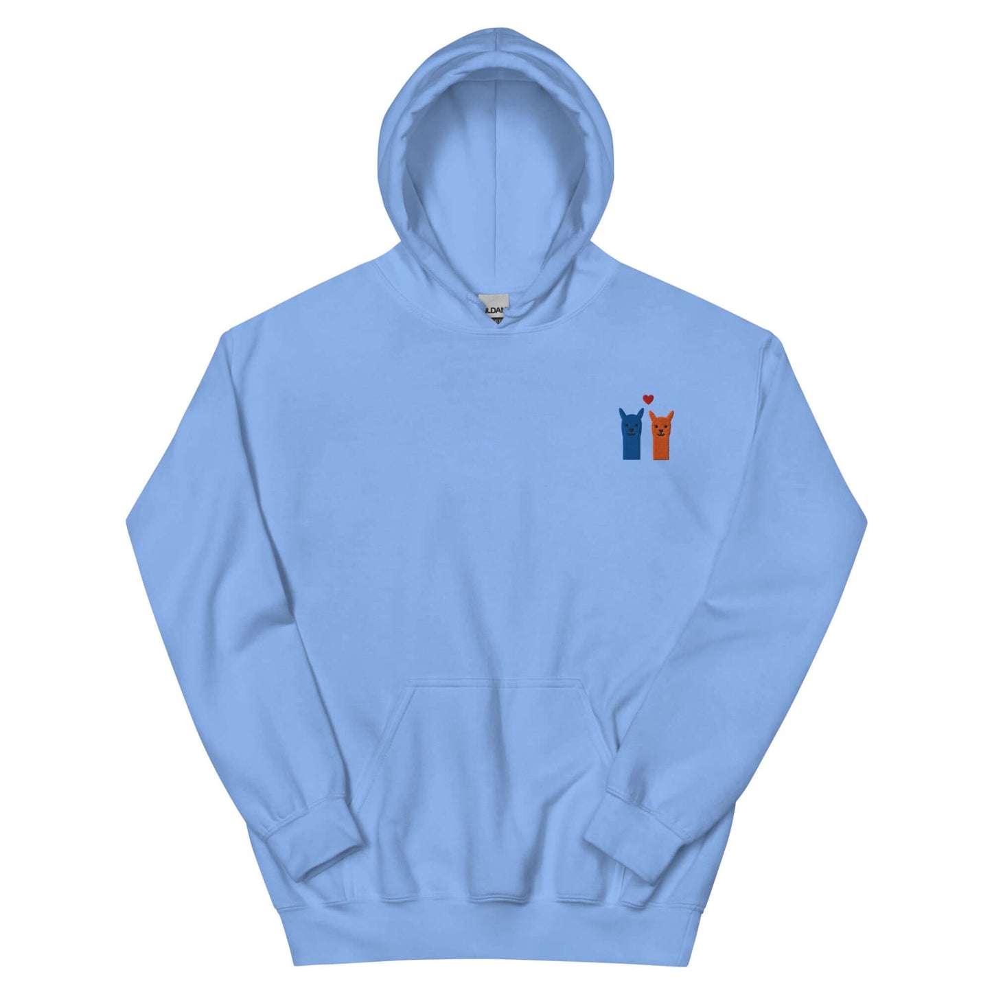 Niedlicher Alpaka Hoodie mit besticktem Motiv in Himmelblau, zeigt zwei Alpakas und ein Herz.