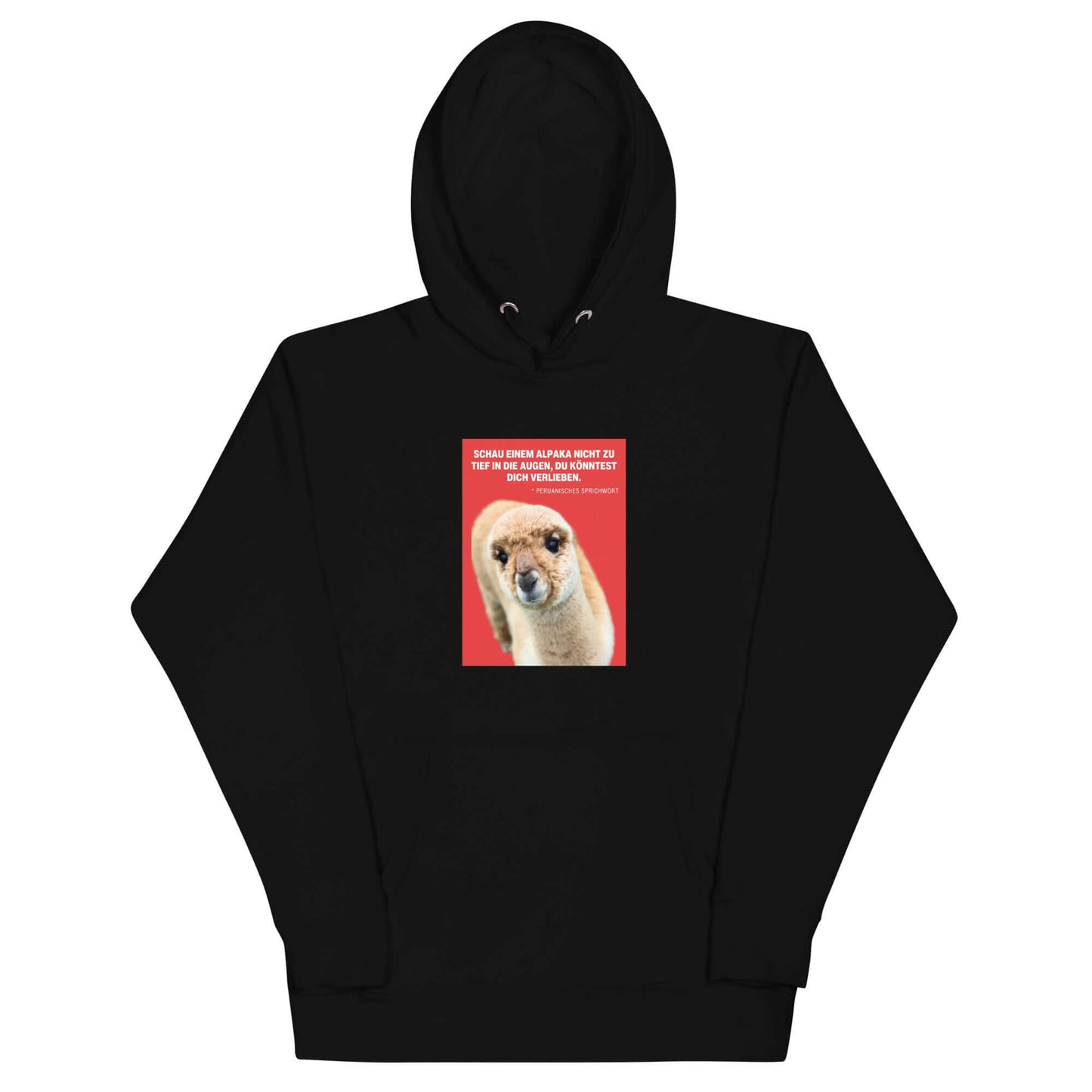 Hoodie mit Alpaka Motiv in Schwarz mit dem Spruch "Schau einem Alpaka nie zu tief in die Augen, du könntest dich verlieben"