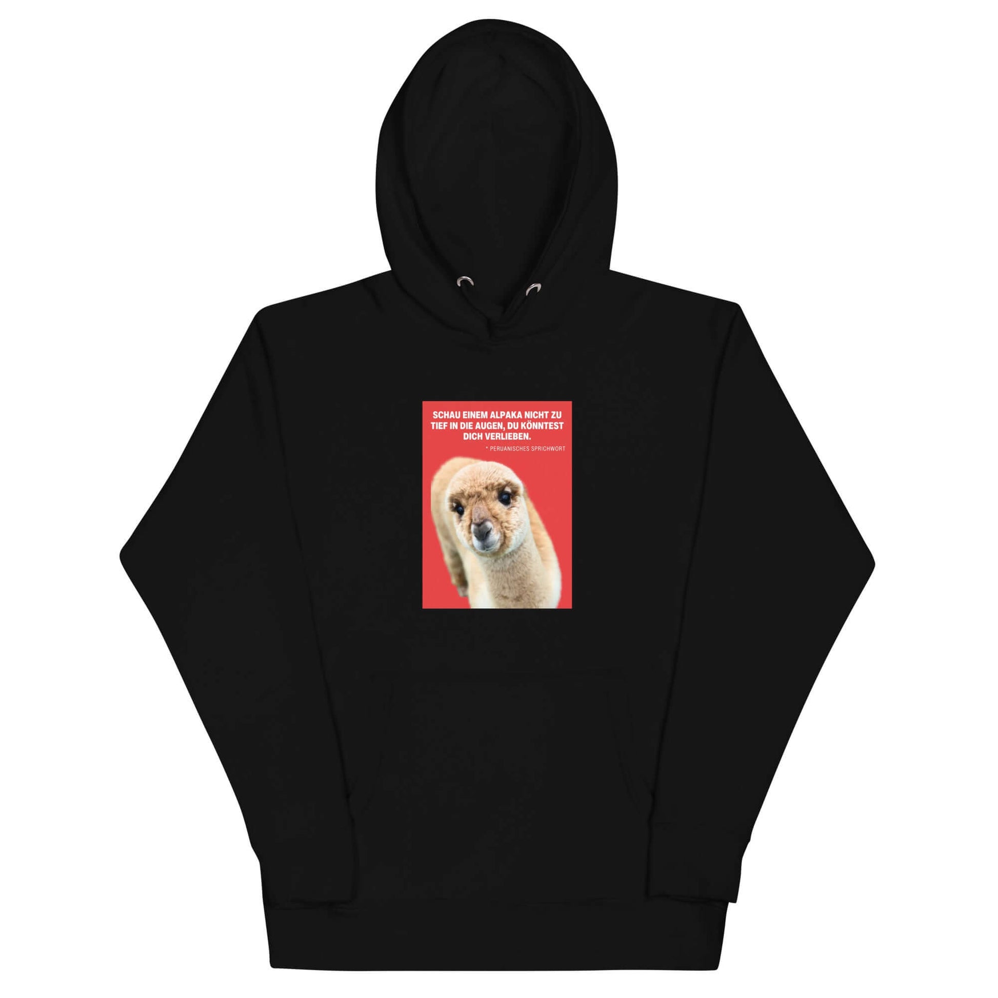 Hoodie mit Alpaka Motiv in Schwarz mit dem Spruch "Schau einem Alpaka nie zu tief in die Augen, du könntest dich verlieben"