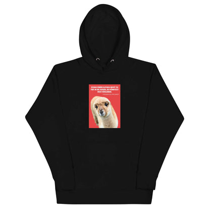 Hoodie mit Alpaka Motiv in Schwarz mit dem Spruch "Schau einem Alpaka nie zu tief in die Augen, du könntest dich verlieben"