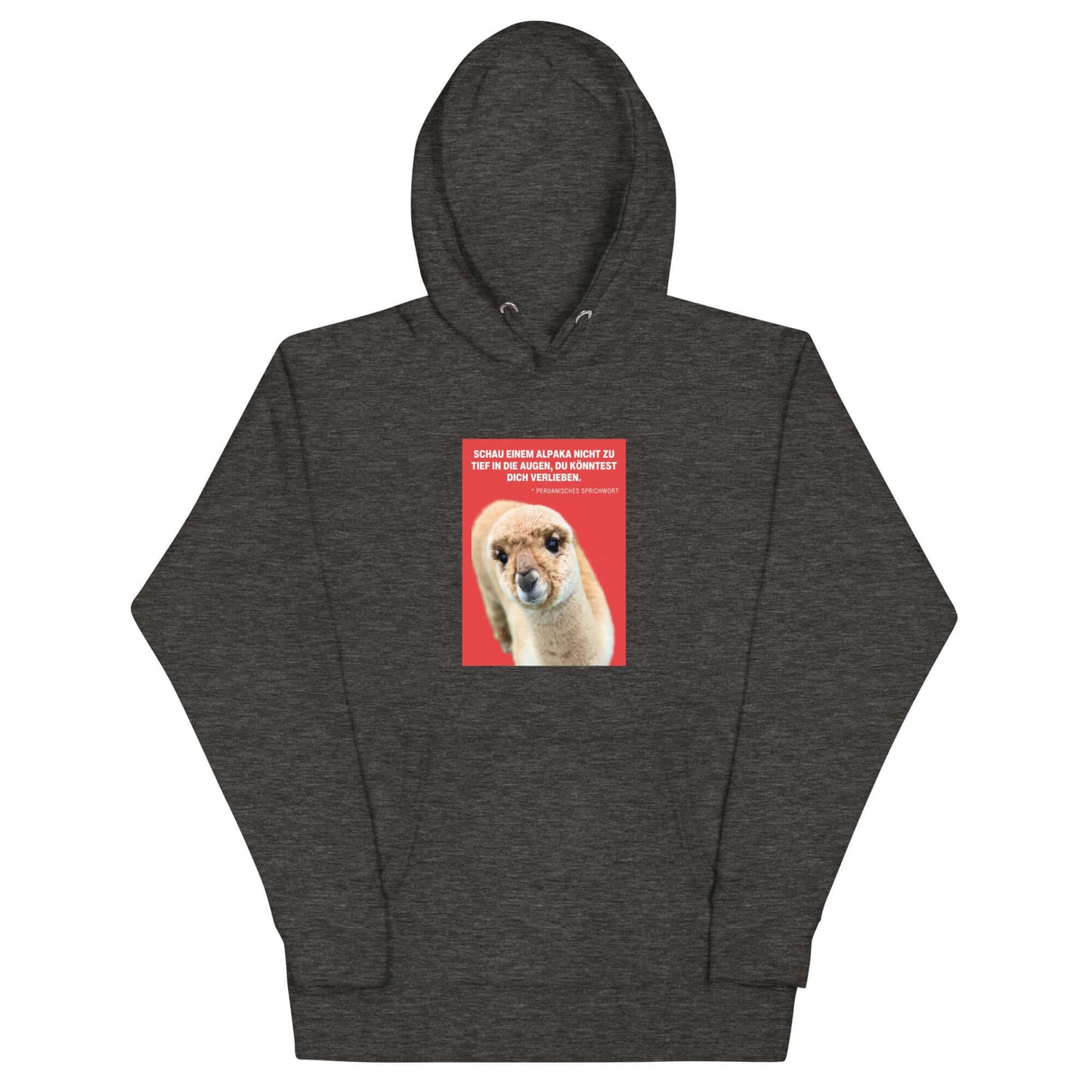 Hoodie mit Alpaka Motiv in dunklem Grau mit Alpaka Greta und Spruch über Liebe.