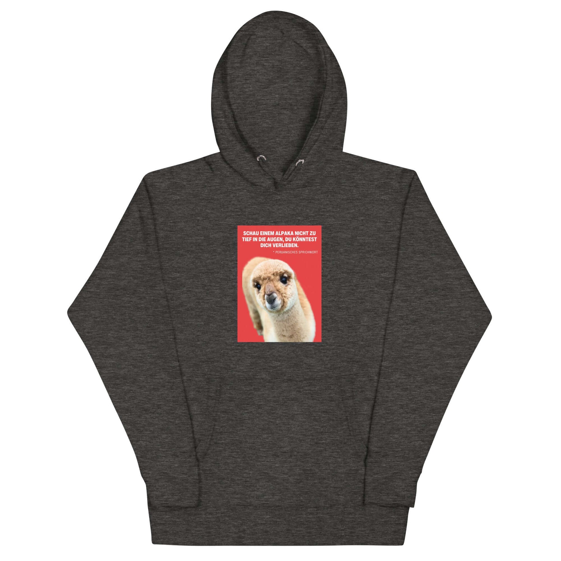 Hoodie mit Alpaka Motiv in dunklem Grau mit Alpaka Greta und Spruch über Liebe.
