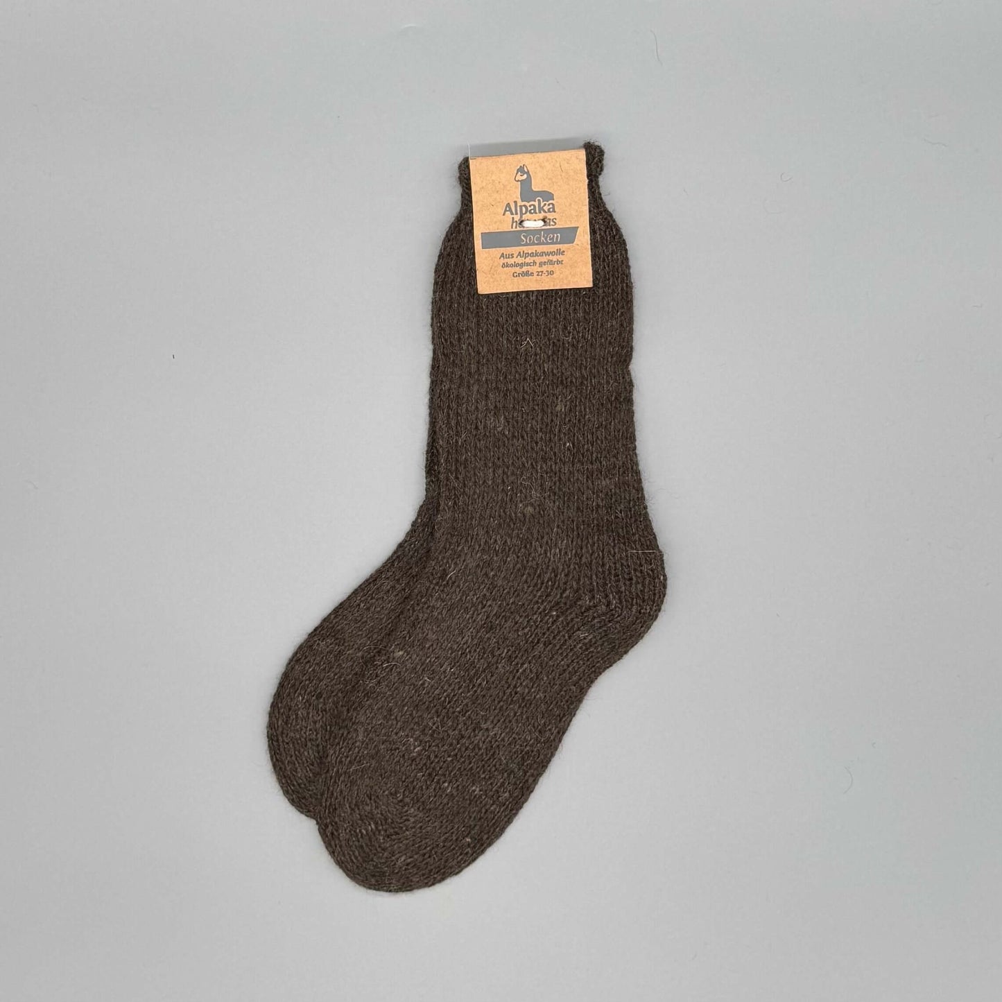Alpaka Kindersocken aus 92% Alpakawolle in Dunkelbraun, warm, weich und atmungsaktiv.