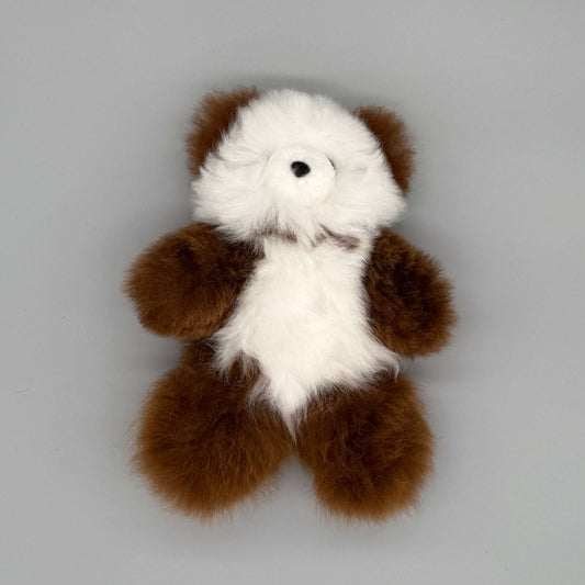 Alpaka Kuscheltier Teddybär aus Baby Alpakawolle in Braun und Weiß, besonders weich und kuschelig.