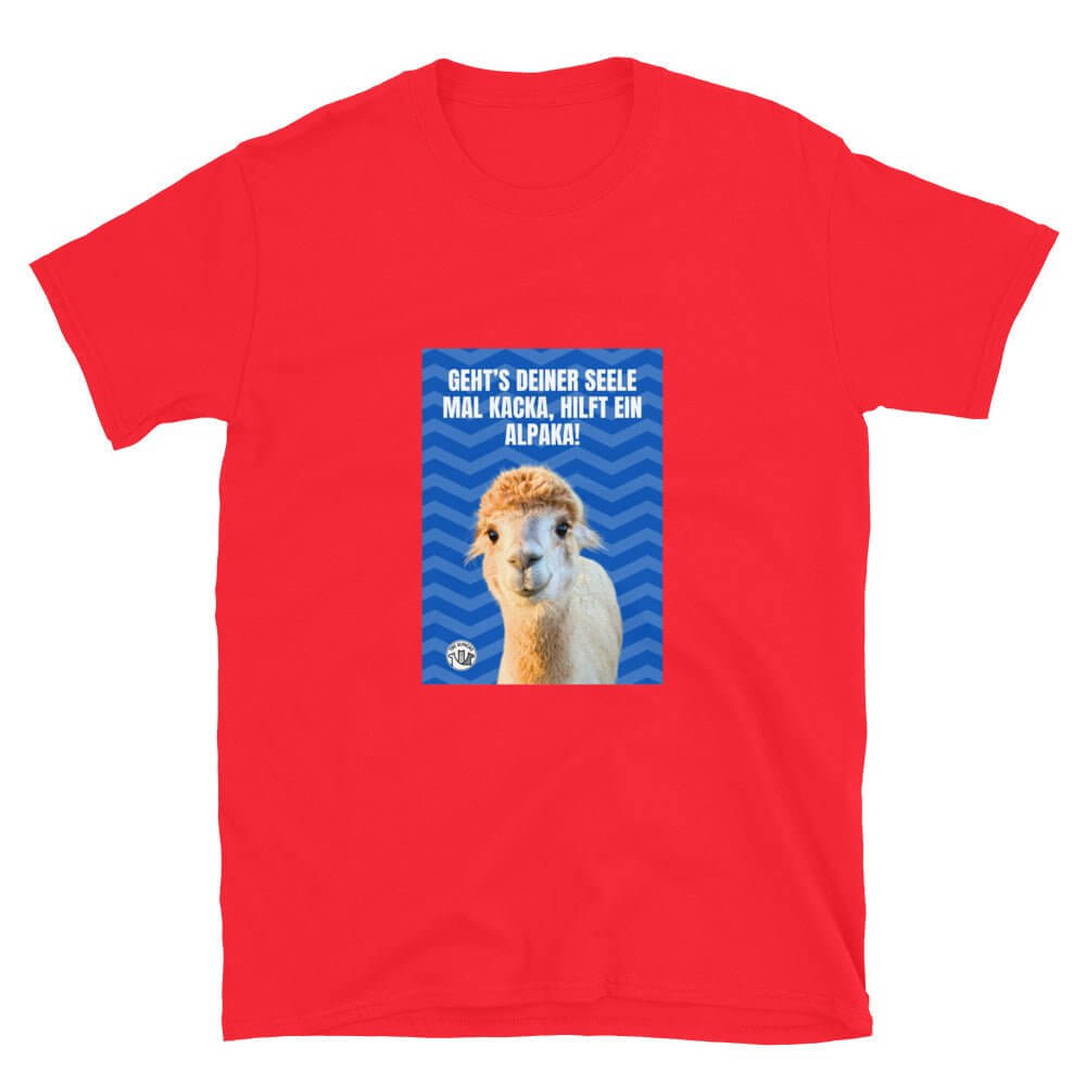 Alpaka Spruch T-Shirt mit frechem Spruch und Alpaka-Motiv auf rotem Hintergrund.