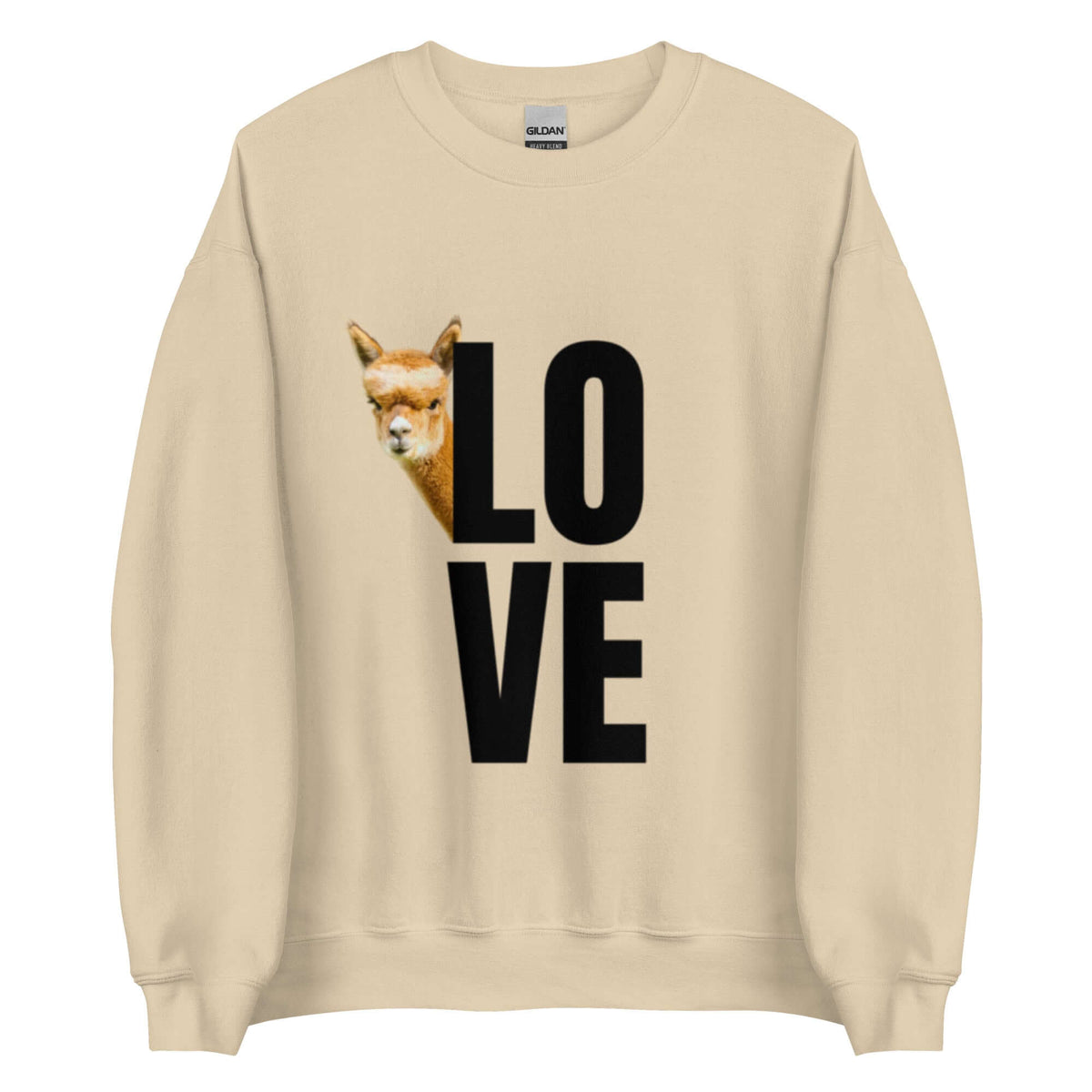 Alpaka Pullover LOVE mit Alpaka Franzl Motiv und großem LOVE Schriftzug auf beigem Hintergrund.