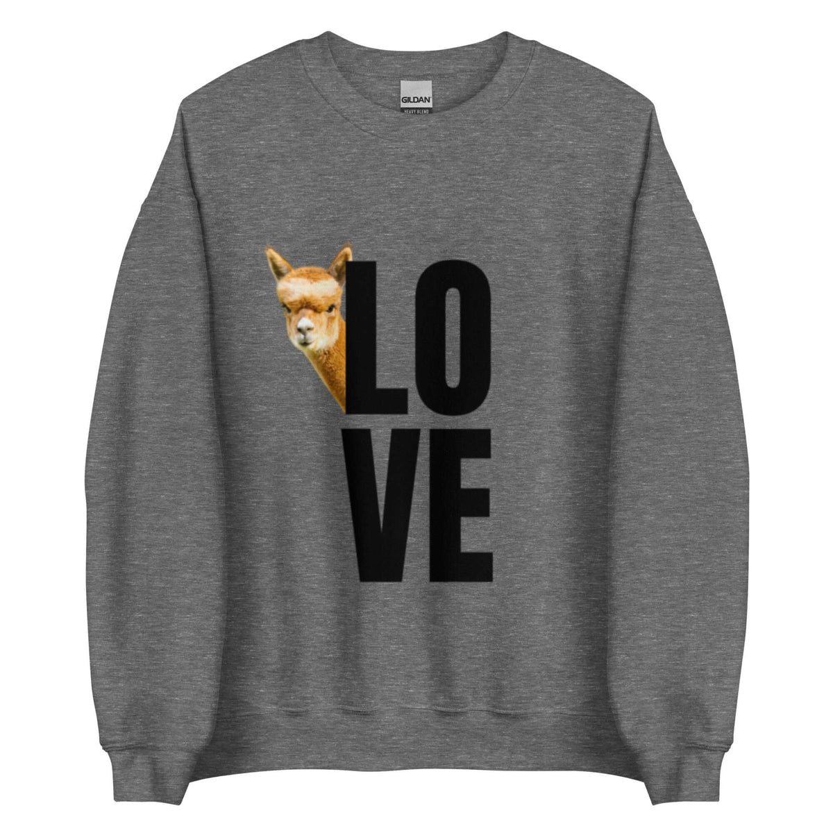 Alpaka Pullover LOVE mit Alpaka Franzl und großem „LOVE“ Print auf grauem Sweater.