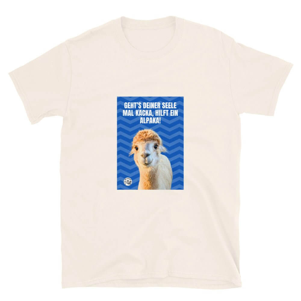 Alpaka Spruch T-Shirt mit dem Spruch 'Geht's deiner Seele mal kacka, hilft ein Alpaka' und einem süßen Alpaka.