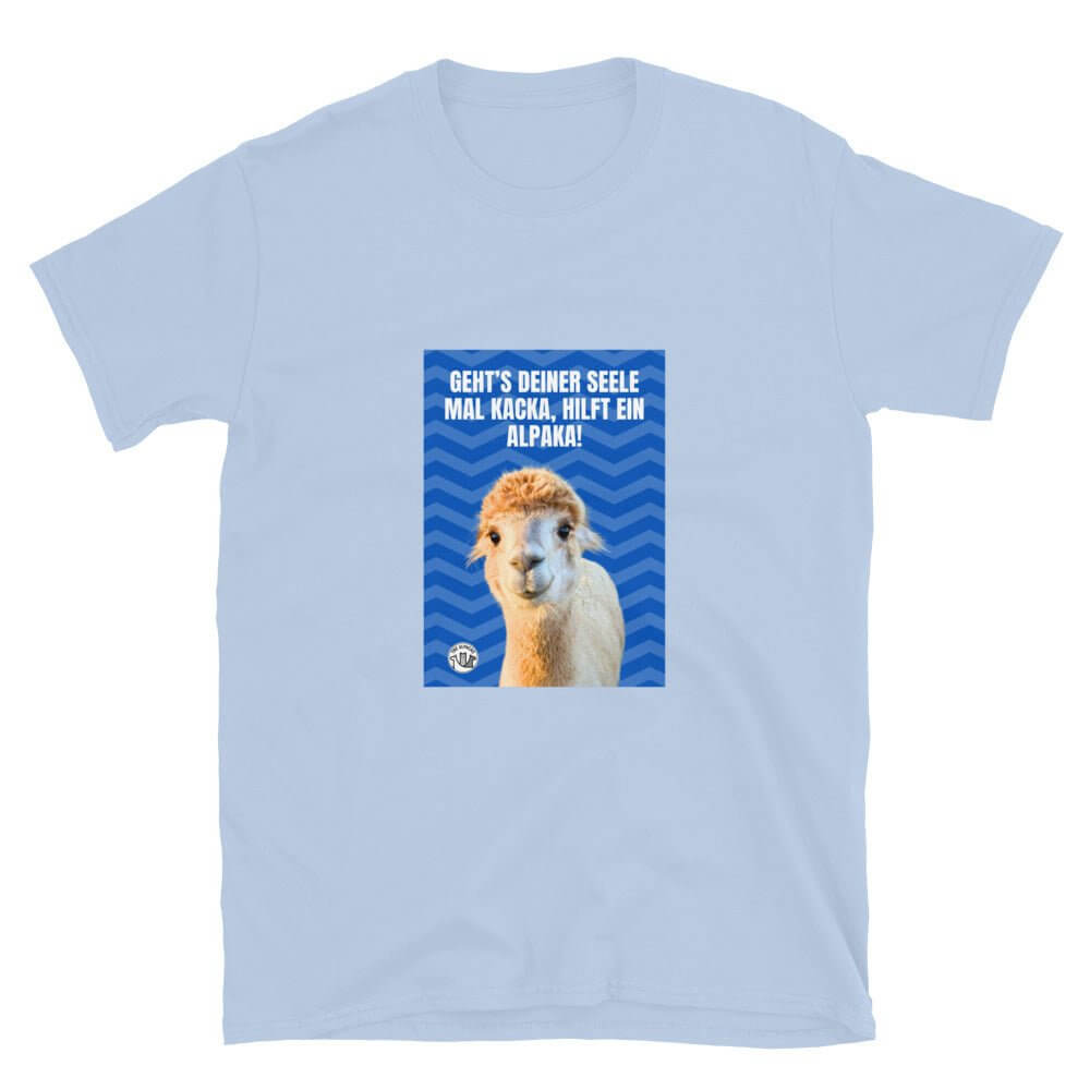Alpaka Spruch T-Shirt mit süßem Alpaka und dem Spruch: Geht's deiner Seele mal kacka, hilft ein Alpaka!