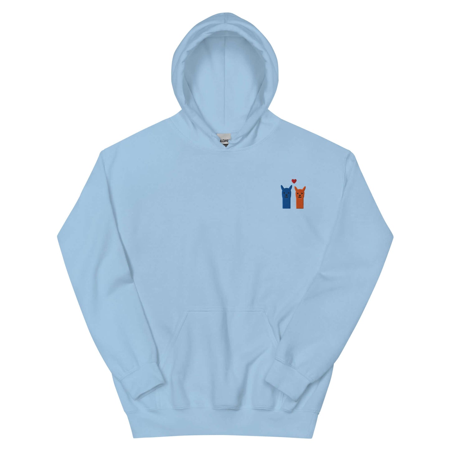 Niedlicher Alpaka Hoodie mit besticktem Motiv in hellblau, mit zwei Alpakas und Herz-Emoji.