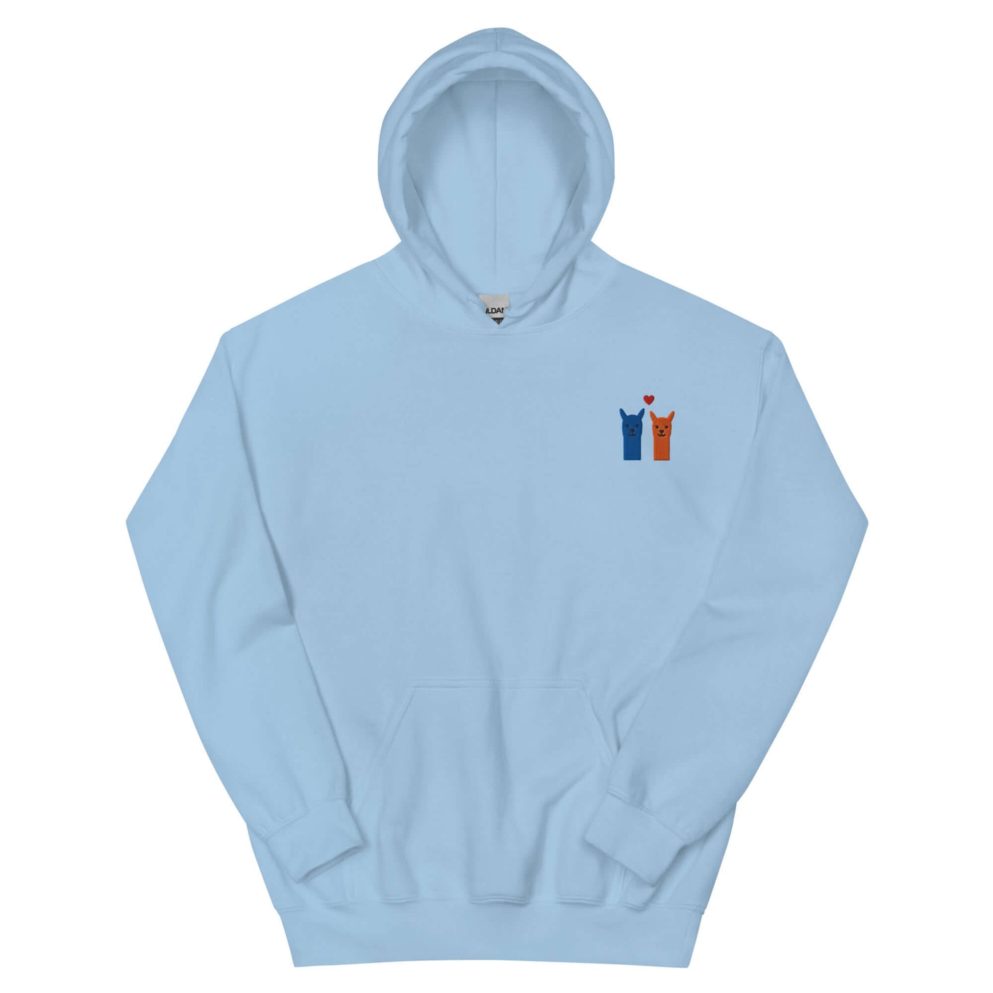 Niedlicher Alpaka Hoodie mit besticktem Motiv in hellblau, mit zwei Alpakas und Herz-Emoji.