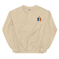 Niedlicher Unisex Pullover mit Alpaka Stickerei kaufen, beige mit blauen und orangefarbenen Alpakas.