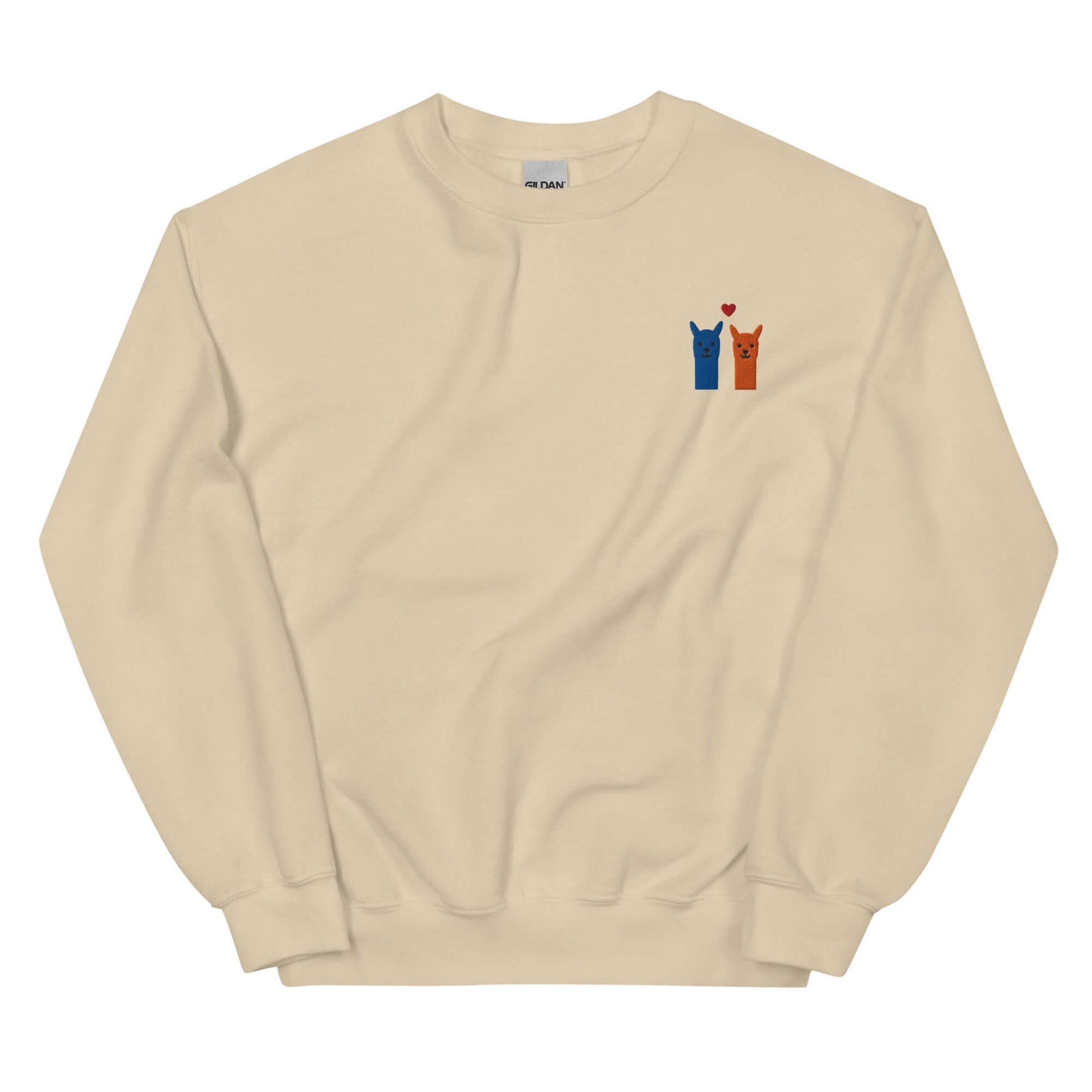 Niedlicher Unisex Pullover mit Alpaka Stickerei kaufen, beige mit blauen und orangefarbenen Alpakas.