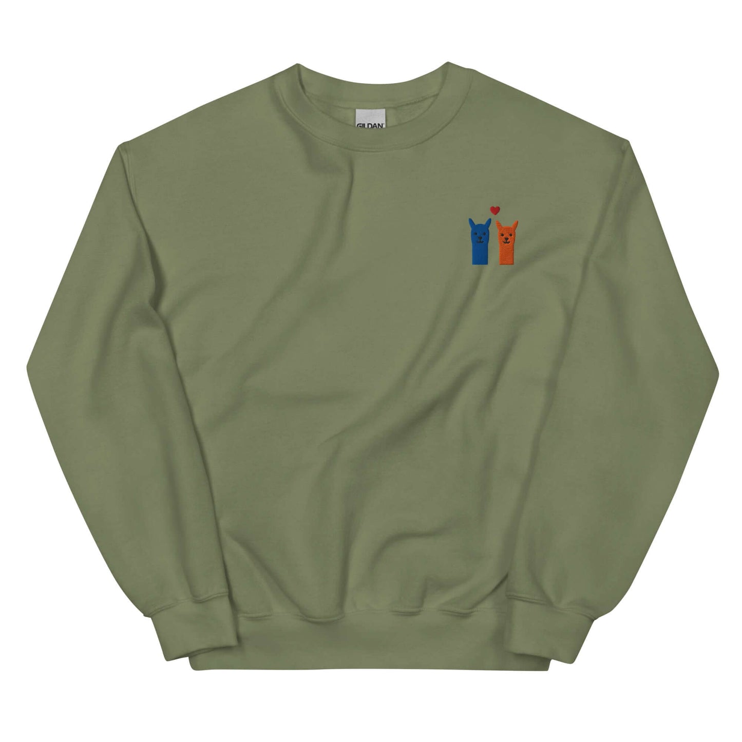 Alpaka Pullover mit Stickerei kaufen, olivgrüner Sweater mit süßen Alpaka-Emojis und Herzmotiv.