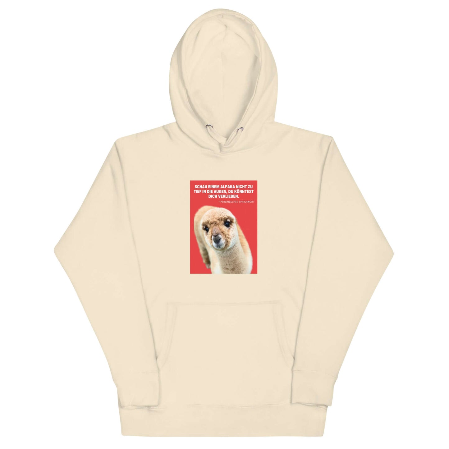 Hoodie mit Alpaka Motiv in hellem Beige, mit lustigem Alpaka-Design und Spruch auf rotem Hintergrund.