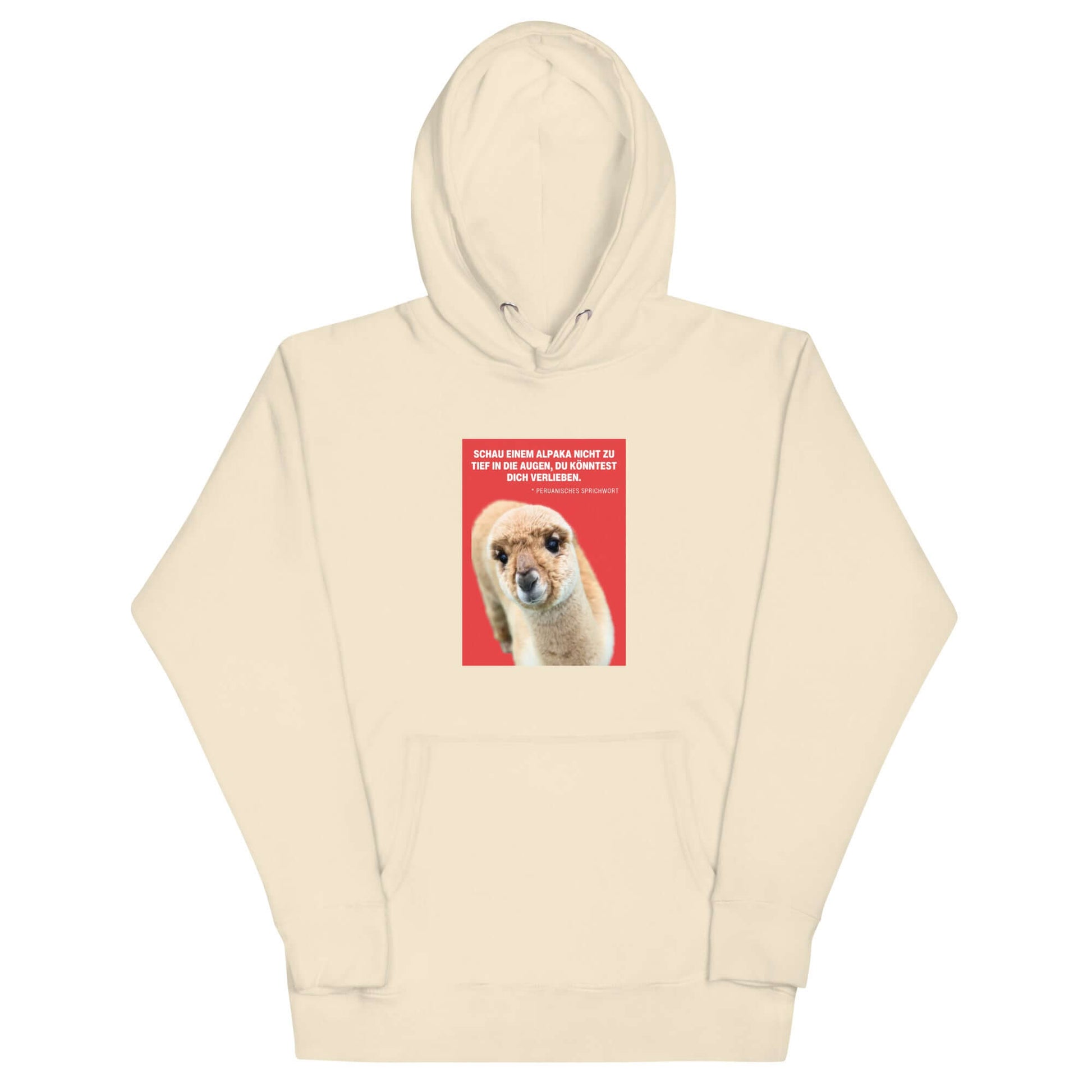Hoodie mit Alpaka Motiv in hellem Beige, mit lustigem Alpaka-Design und Spruch auf rotem Hintergrund.