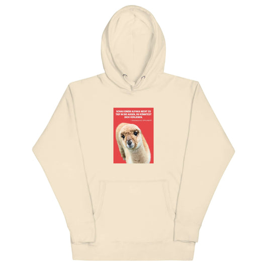 Hoodie mit Alpaka Motiv in hellem Beige, mit lustigem Alpaka-Design und Spruch auf rotem Hintergrund.