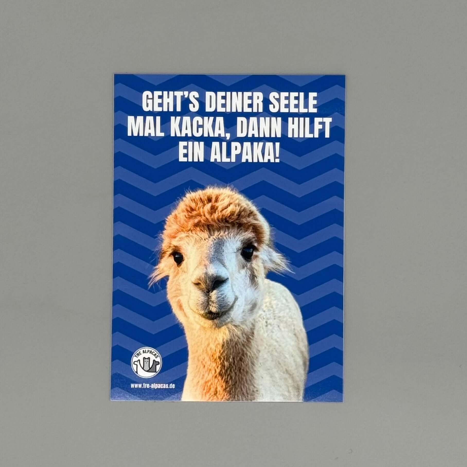 Postkarte mit Alpaka Motiv und spruch Geht's deiner Seele mal kacka, motivpostkarten für gute Laune.