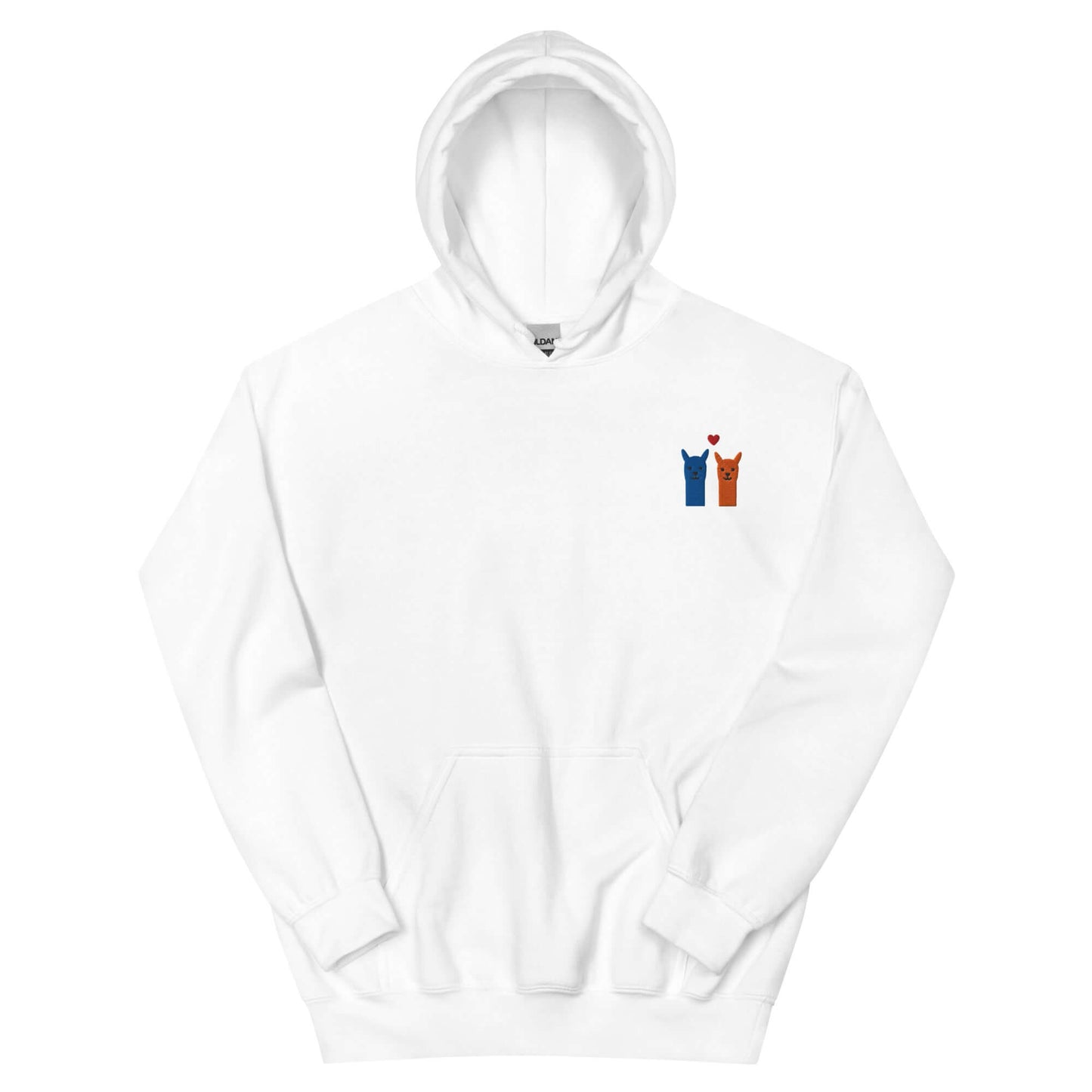 Niedlicher Alpaka Hoodie mit besticktem Motiv, featuring two alpakas and a heart embroidered on a white background.
