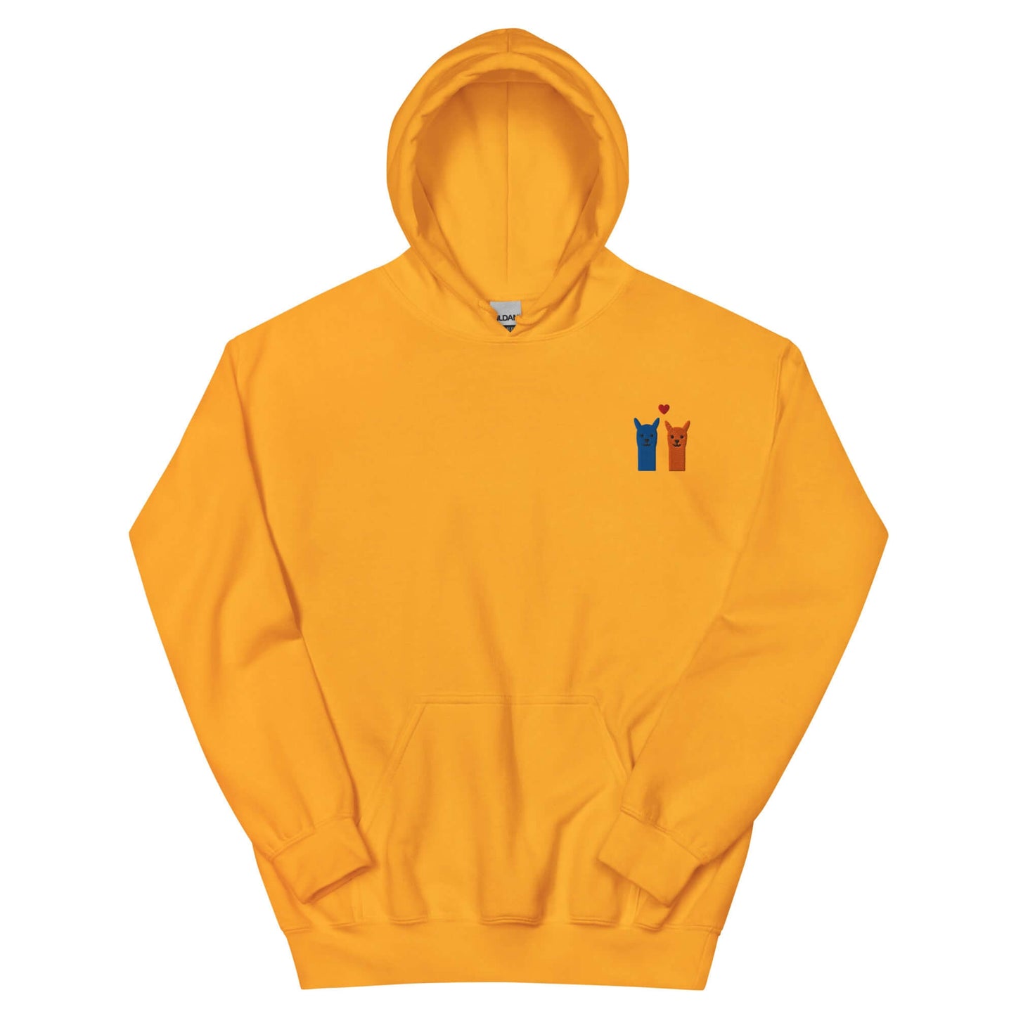 Niedlicher Alpaka Hoodie mit besticktem Motiv in leuchtendem Gelb, zeigt zwei Alpakas und ein Herz.