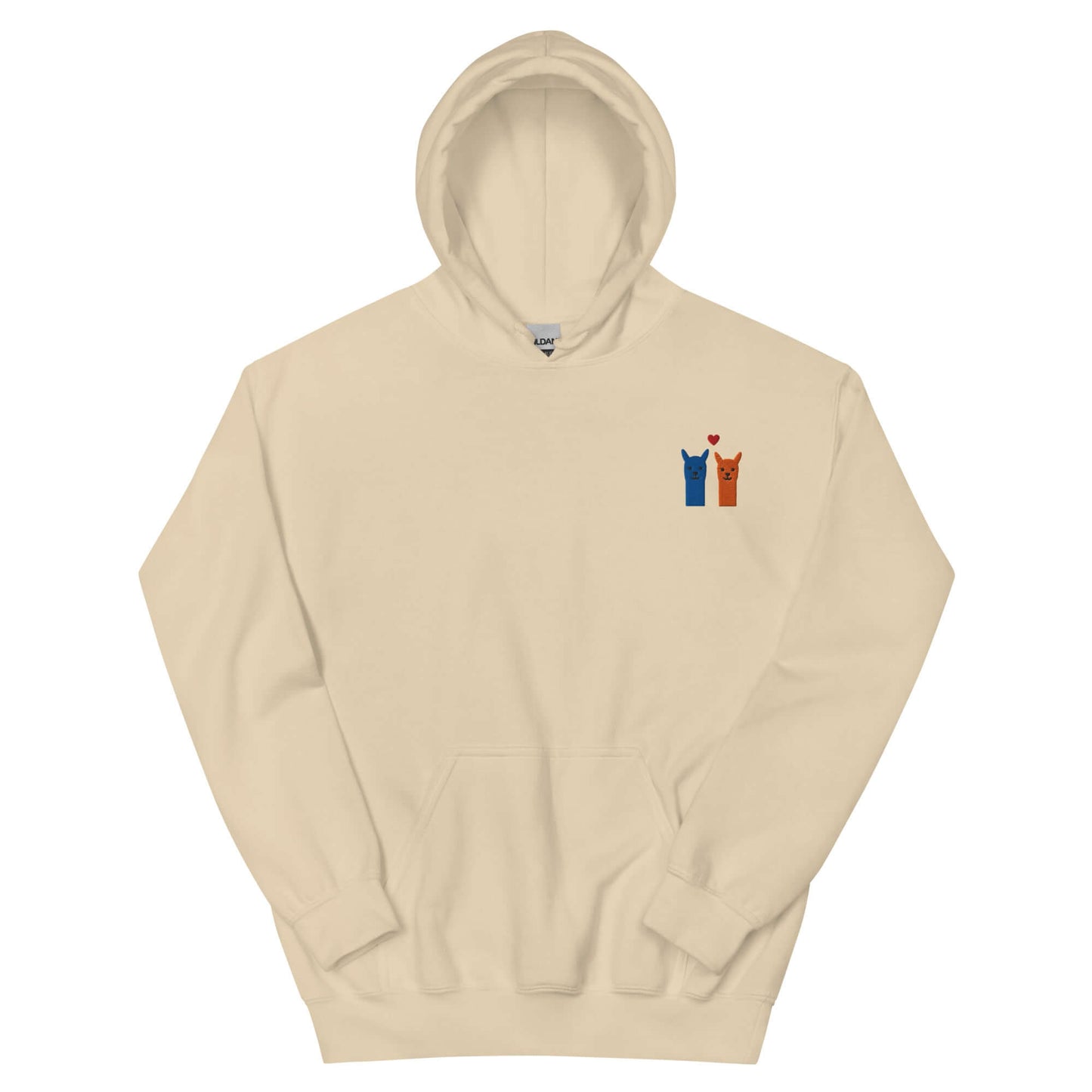 Niedlicher Alpaka Hoodie mit besticktem Motiv, zeigt zwei Alpakas und ein Herz auf einem hellen Hintergrund.