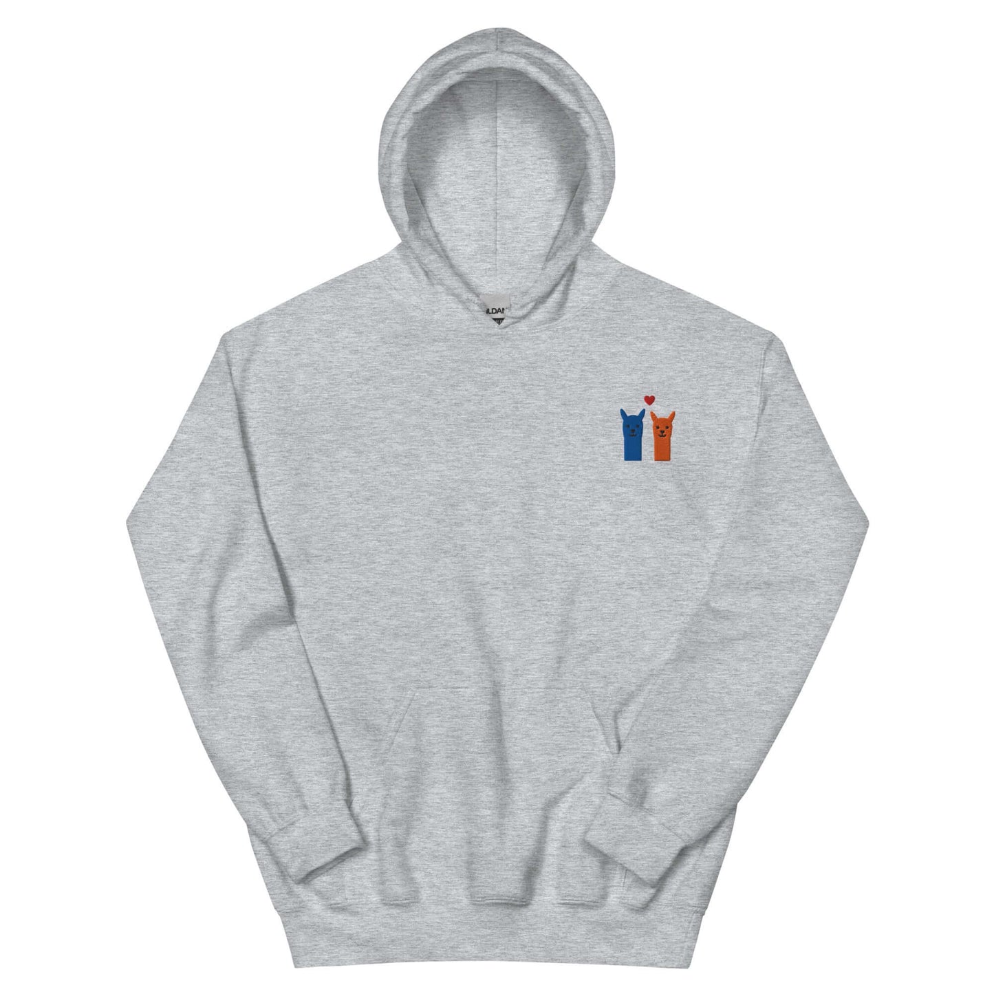 Niedlicher Alpaka Hoodie mit besticktem Motiv, grauer Hoodie mit gestickten Alpakas und Herz auf der Vorderseite.