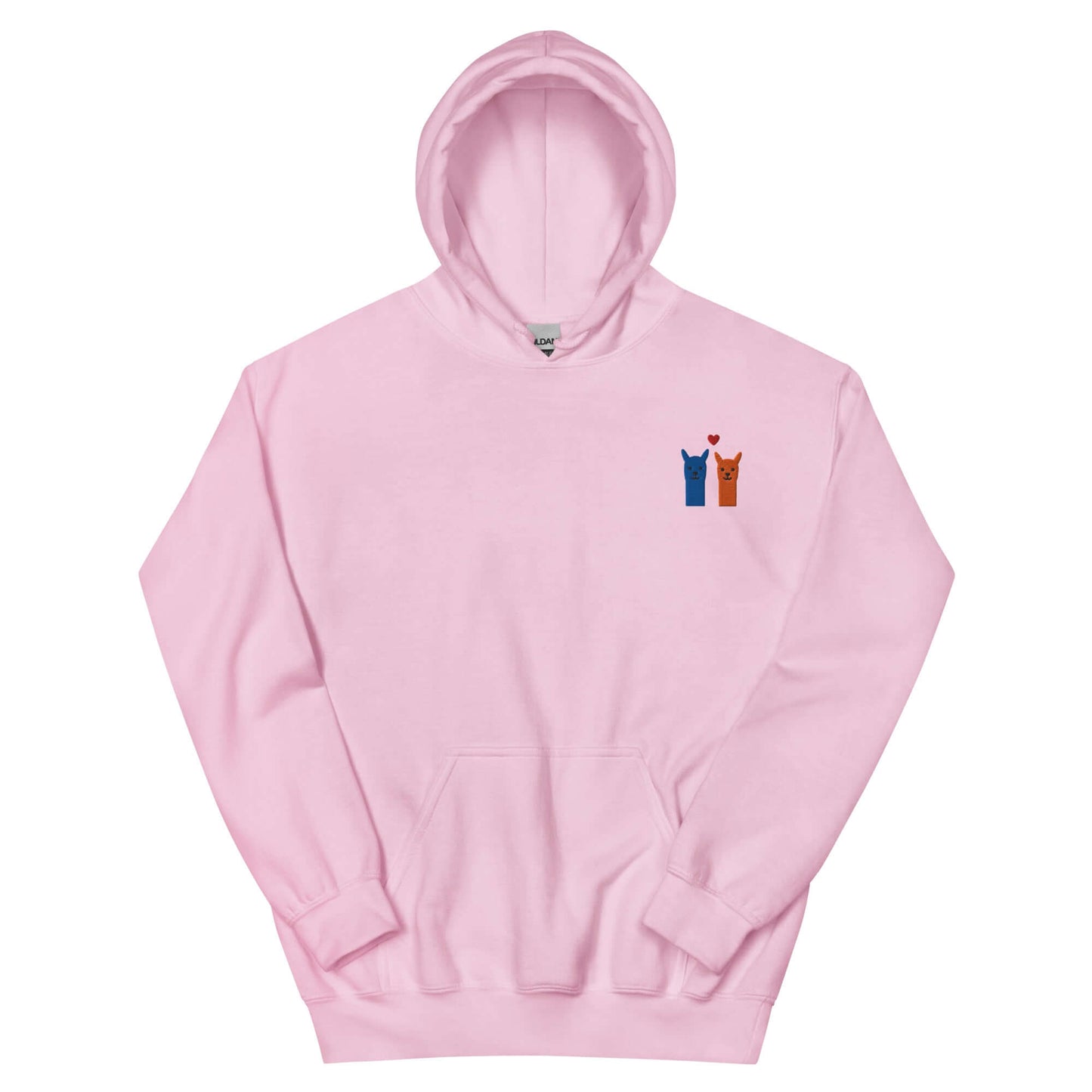 Niedlicher Alpaka Hoodie mit besticktem Motiv in Rosa mit zwei Alpakas und Herz-Design.