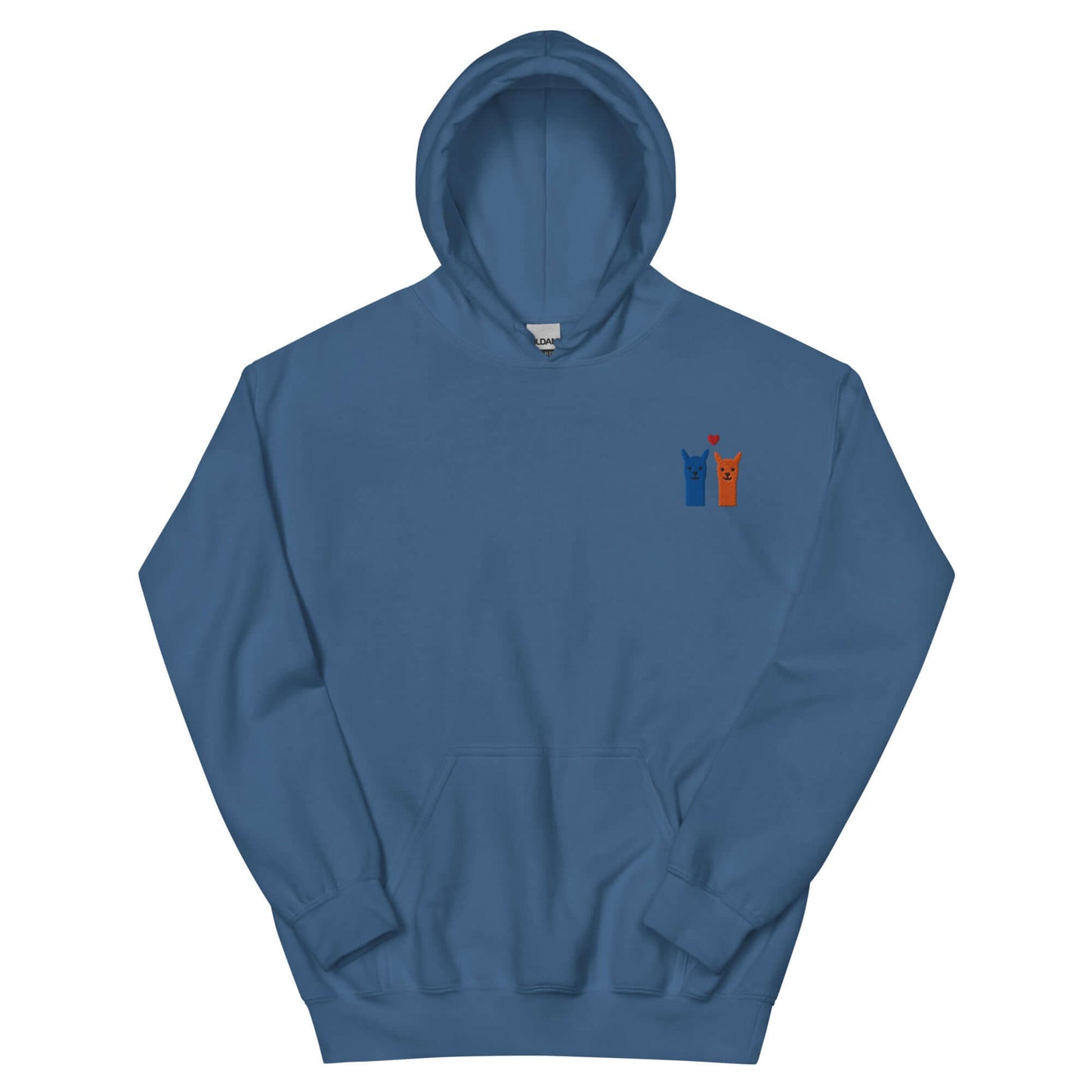 Niedlicher Alpaka Hoodie mit besticktem Motiv, blau mit zwei Alpakas und Herz im Emoji-Stil.