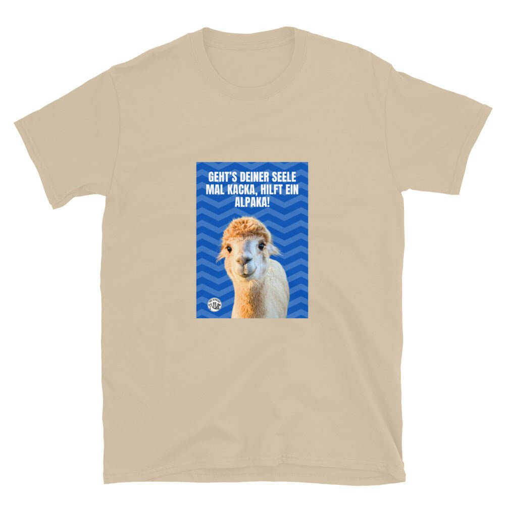 Alpaka Spruch T-Shirt mit dem Spruch „Geht's deiner Seele mal kacka, hilft ein Alpaka!“ und Bild eines Alpaka.