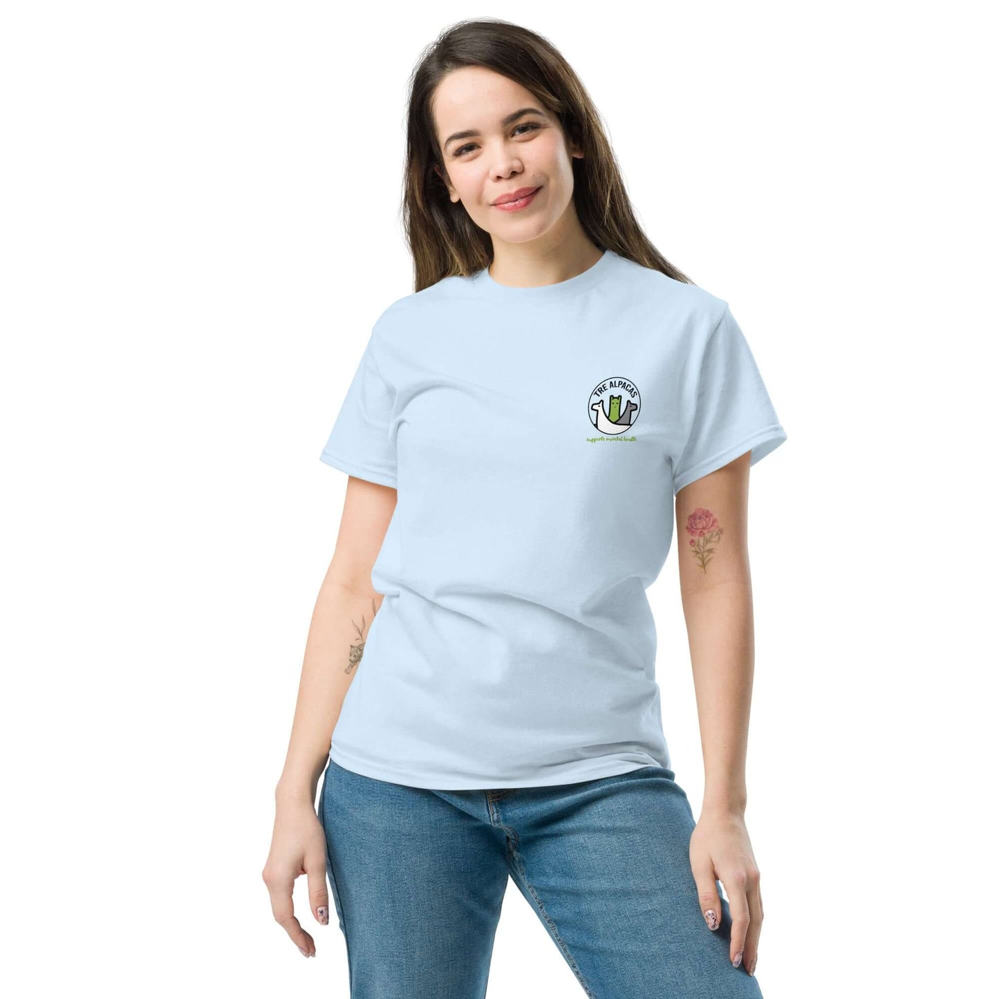 Selbstliebe T-Shirt mit Druck, Unisex Alpaka T-Shirt in Hellblau, fördert Selbstwert und mentale Gesundheit.