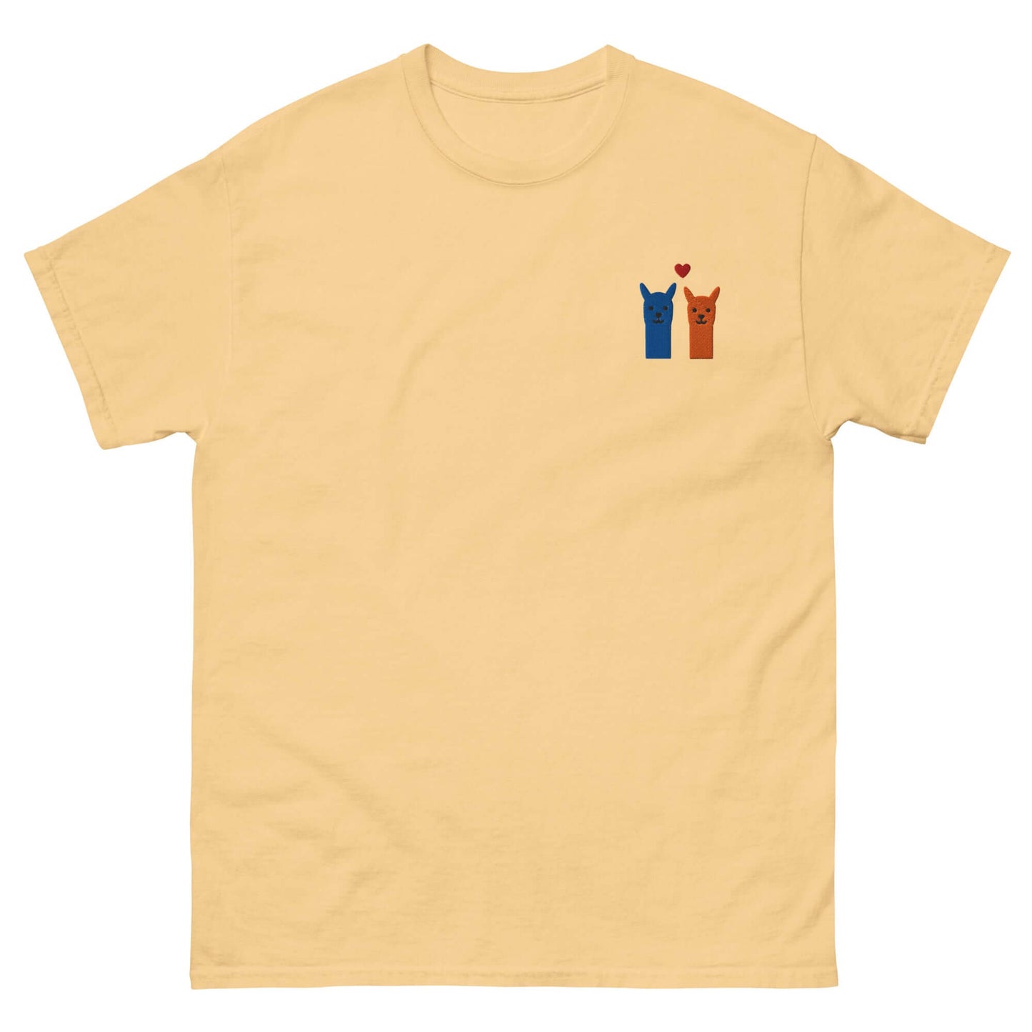 Alpaka T Shirt bestickt – gelbes T-Shirt mit zwei Alpakas und Herzmotiv, perfekt für Alpaka-Fans.