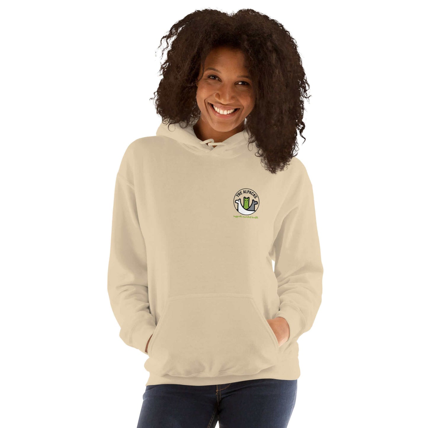 Statement Hoodie für mentale Gesundheit mit Alpaka Motiv und Spruch "Dear Person behind me".