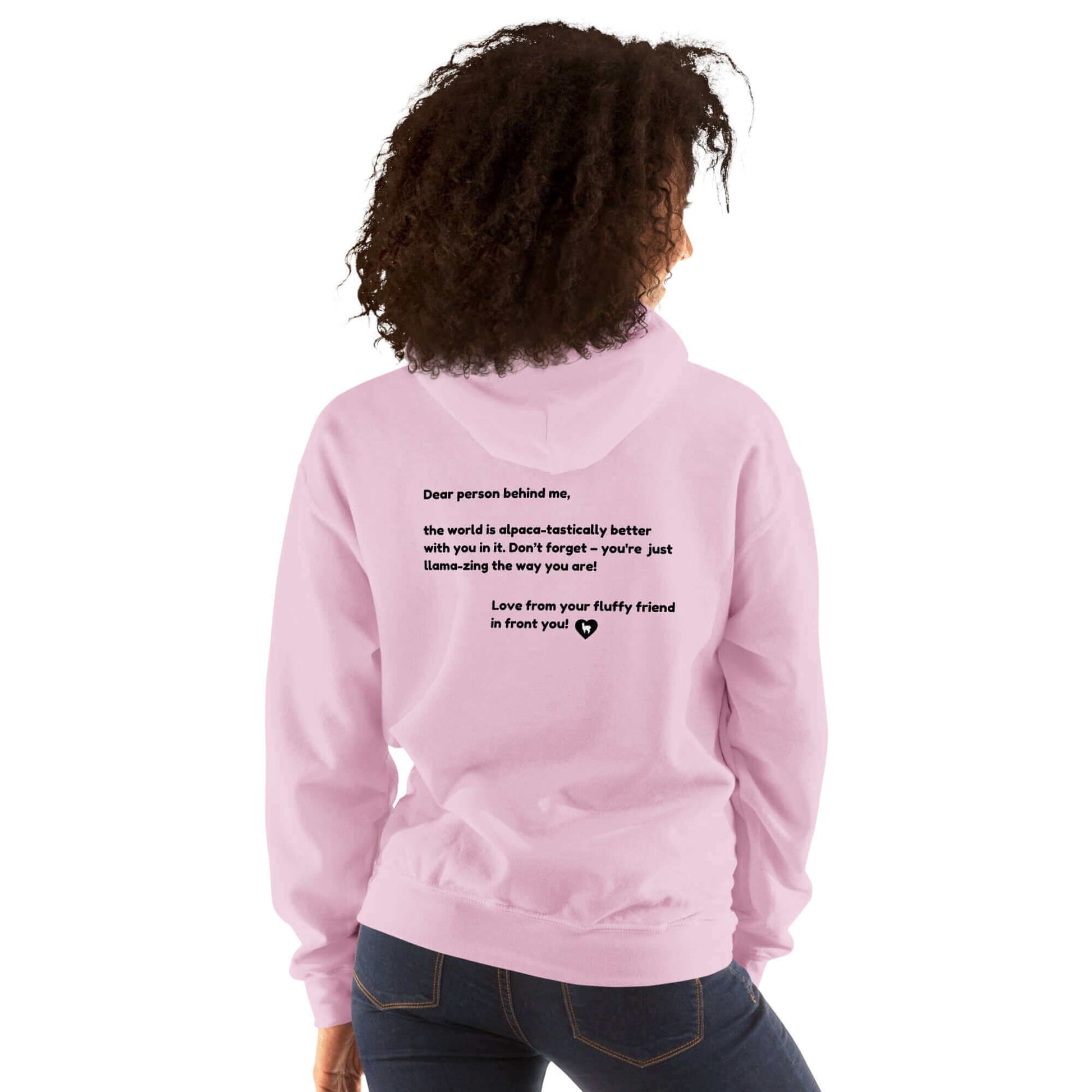 Statement Hoodie mit Alpaka Motiv und Spruch "Dear person behind me" – perfekter mental health hoodie.