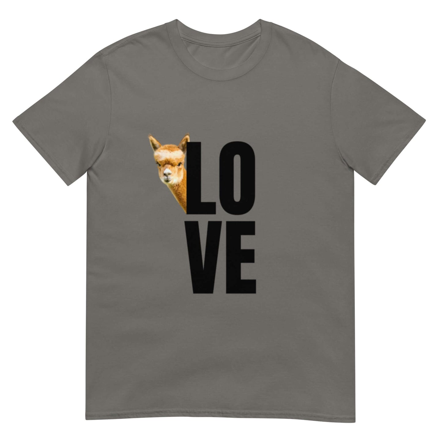 Alpaka Shirt Love mit süßem Lama Motiv, T-Shirt in Grau mit Franzl auf der Vorderseite.