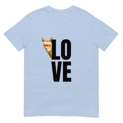 Tiermotiv T-Shirt mit einem frechen Alpaka und dem Wort "Love" auf einem blauen Shirt