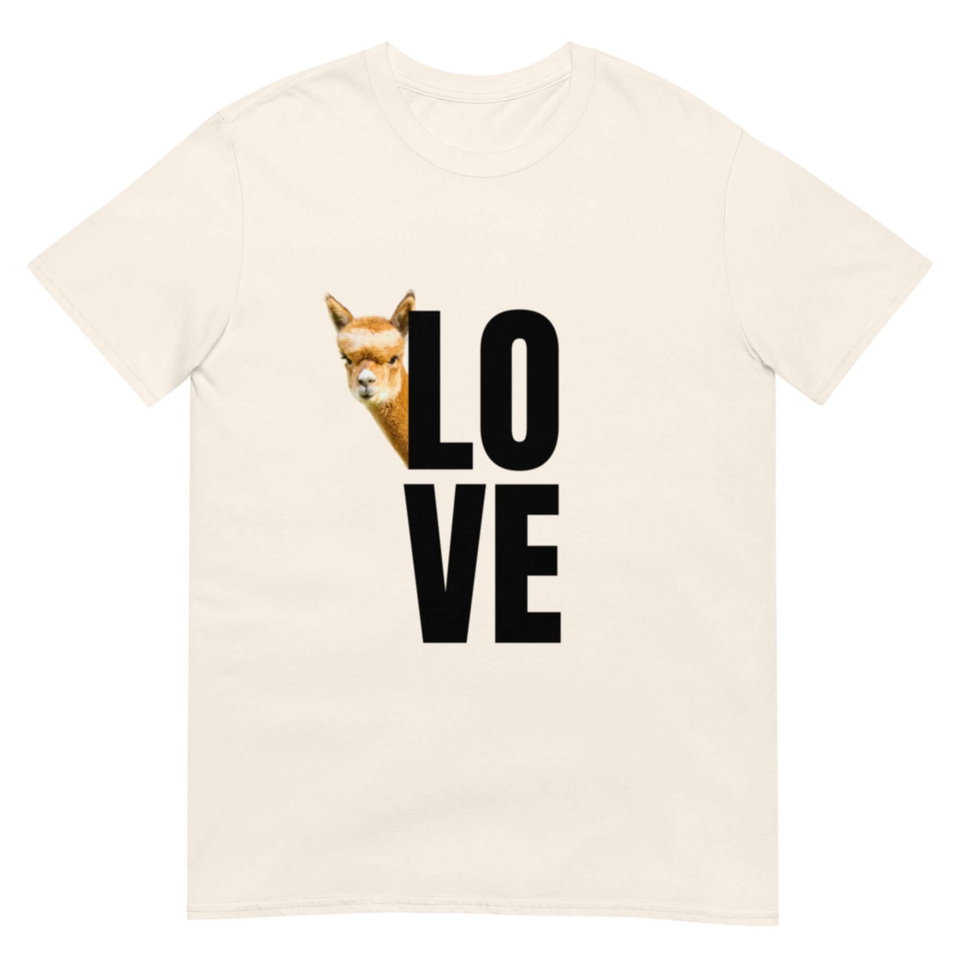 Alpaka Shirt Love Franzl mit süßem Lama Motiv und dem Wort „Love“ in großem Druck.