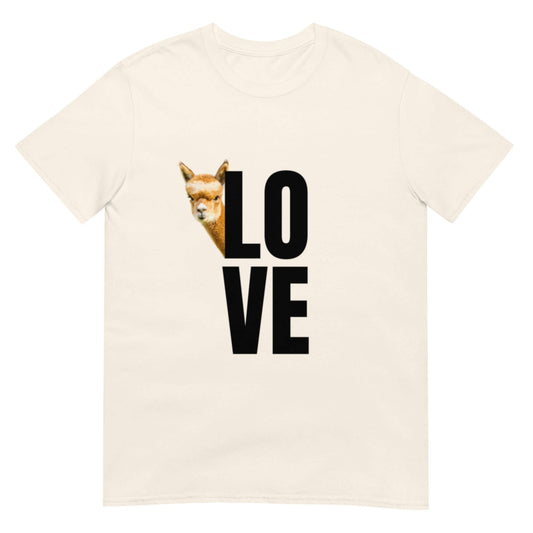 Alpaka Shirt Love Franzl mit süßem Lama Motiv und dem Wort „Love“ in großem Druck.