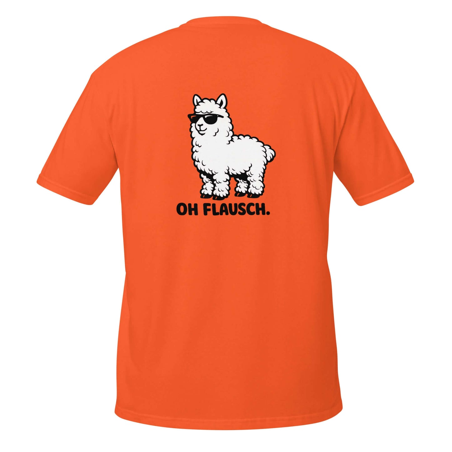 Lustiges Alpaka T-Shirt mit dem Spruch 'Oh Flausch.' und einem coolen Alpaka Motiv auf der Rückseite.