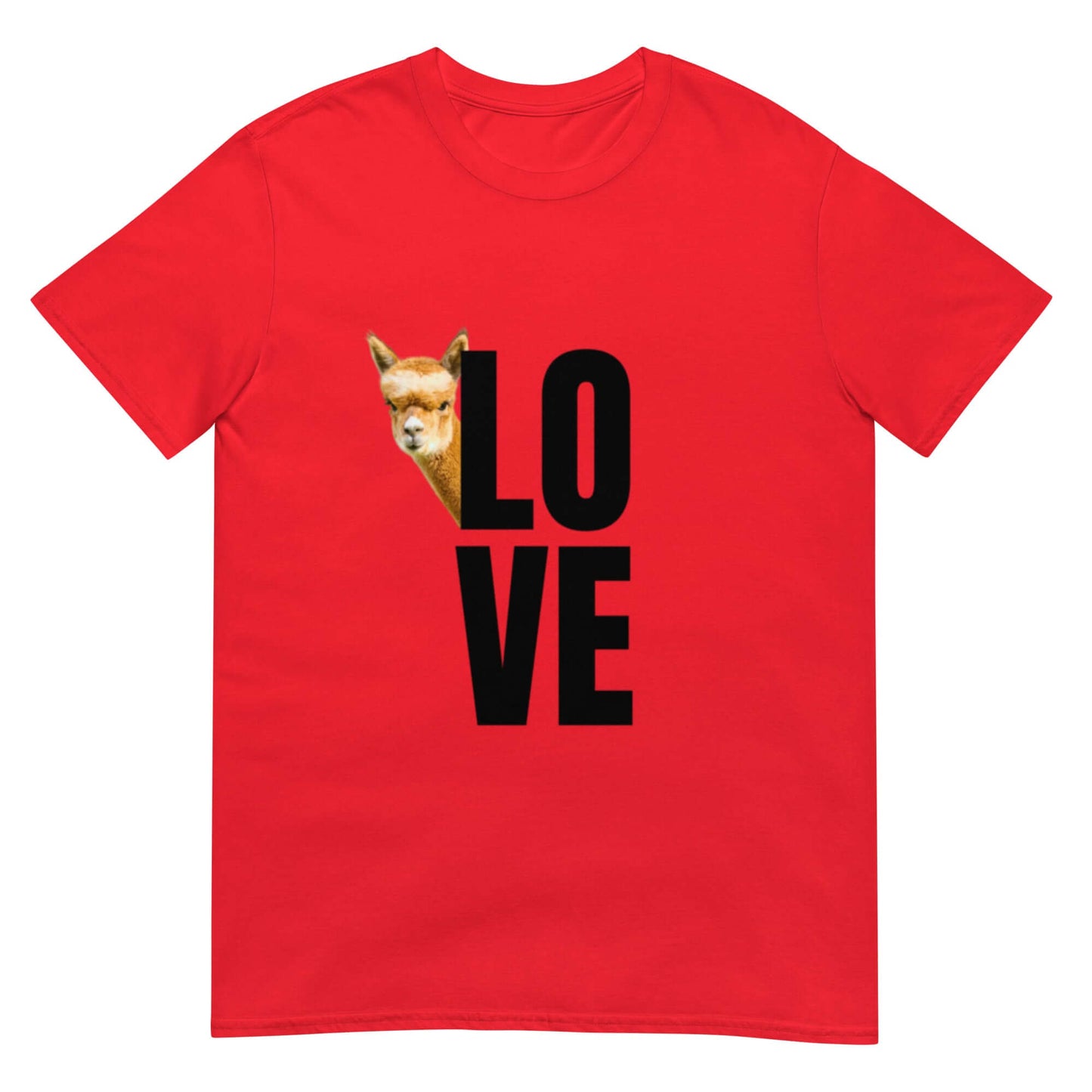 Alpaka Shirt Love Franzl – rotes T-Shirt mit süßem Lama Motiv und dem Wort Love.