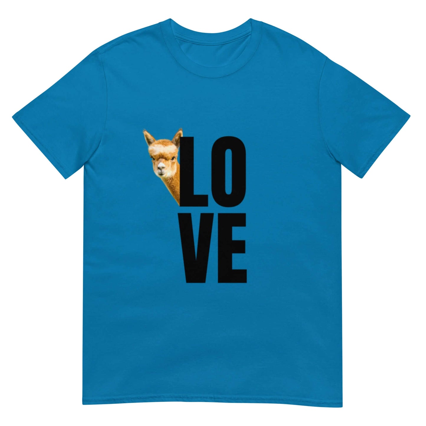 Alpaka Shirt Love Franzl mit Lama Motiv auf blauem Hintergrund, verspieltes und romantisches Design.