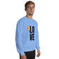 Rundhals-Pullover in Blau mit „LOVE“ Print und Alpaka Franzl, perfekt für tierliebe Freunde. Alpaka Pullover LOVE.
