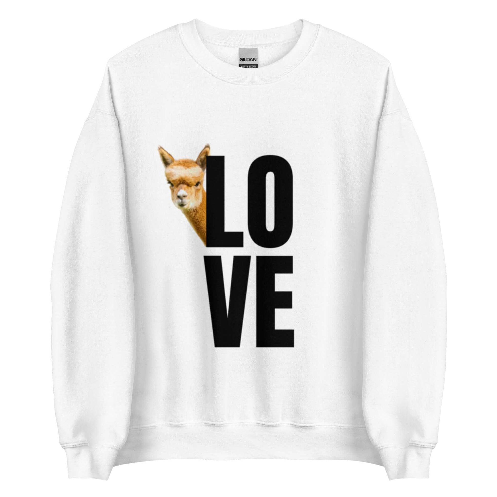 Alpaka Pullover LOVE mit neugierigem Alpaka Franzl und großem LOVE Print auf weißem Sweater.